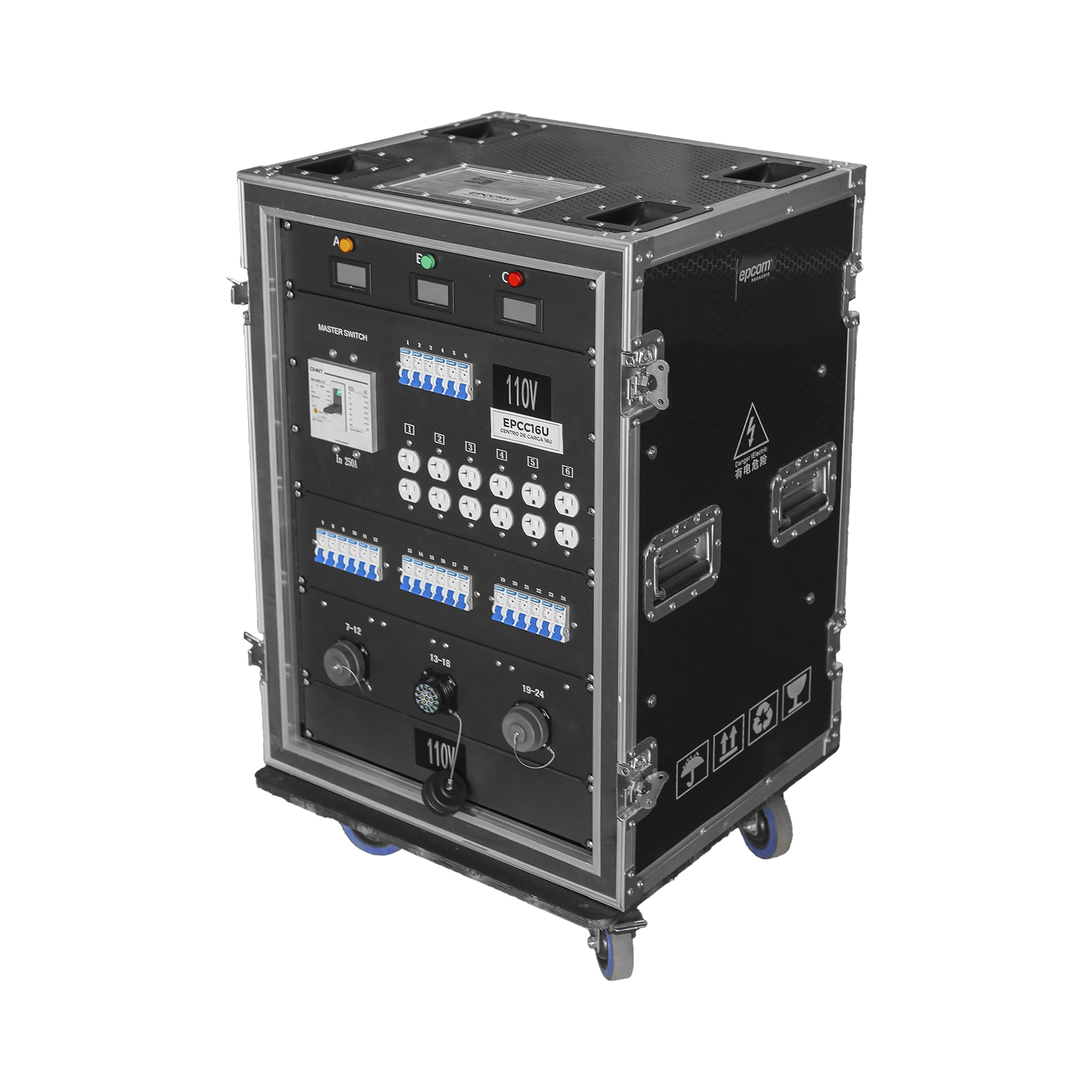 Centro de carga movil para instalaciones temporales con conexión TIPO socapex a 110v Y 220V | RACK 16U