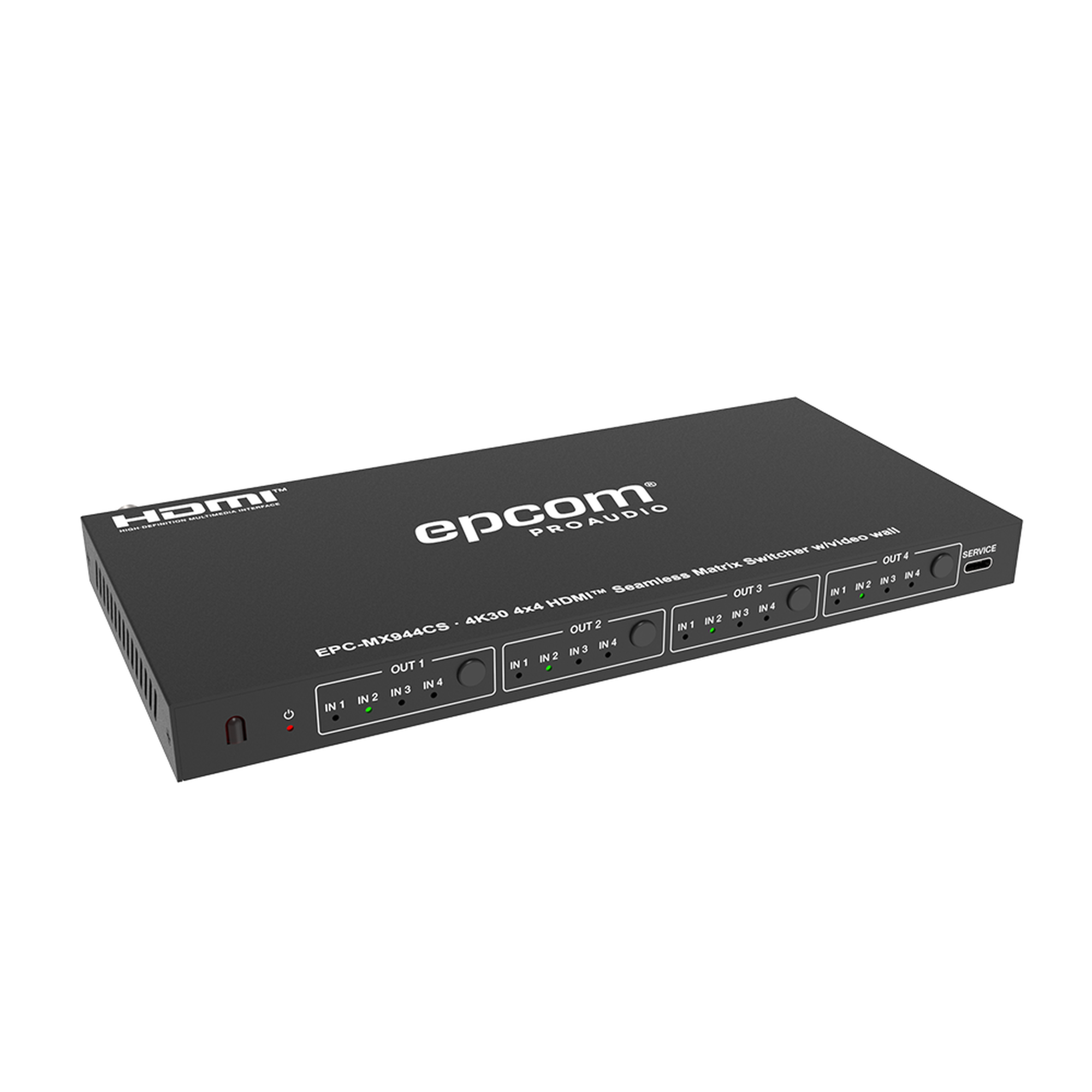 Matriz de Video HDMI 4×4 | Ancho de Banda 10.2 Gbps | Resolución 4K@30Hz | Escalado a 1080P, 720P, 1920×1200, 4K30 | Modos Matriz y Video Wall | Control RS-232 y Remoto Infrared