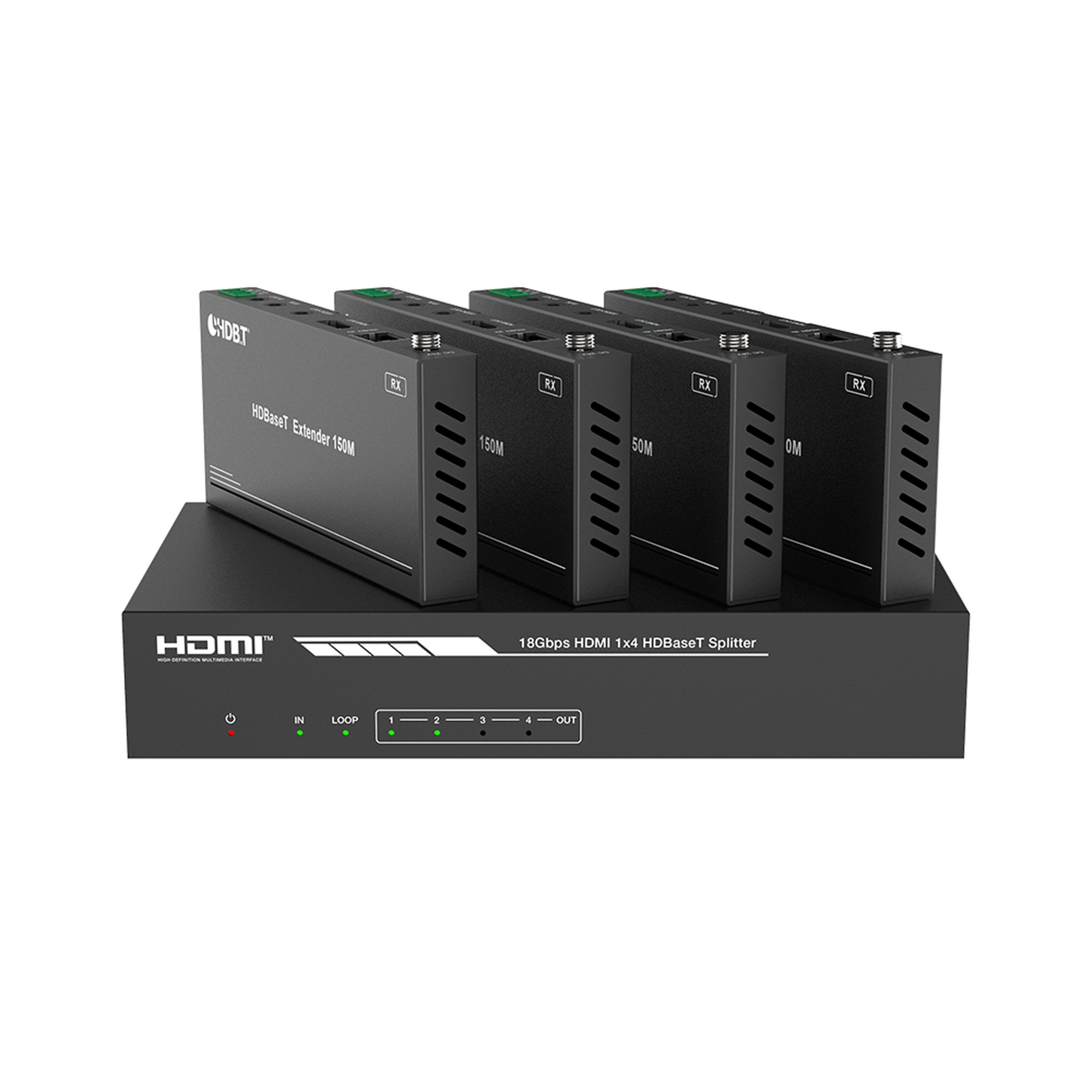 Splitter mas Extensor de Video | 1×4 | ProAV | HDBaseT™ | 120m en 4K@60Hz | 150m en 1080p@60Hz | Cat6/6a/7 | Gestión Avanzada EDID | Control IR y RS232 | PoC | Salida de Audio