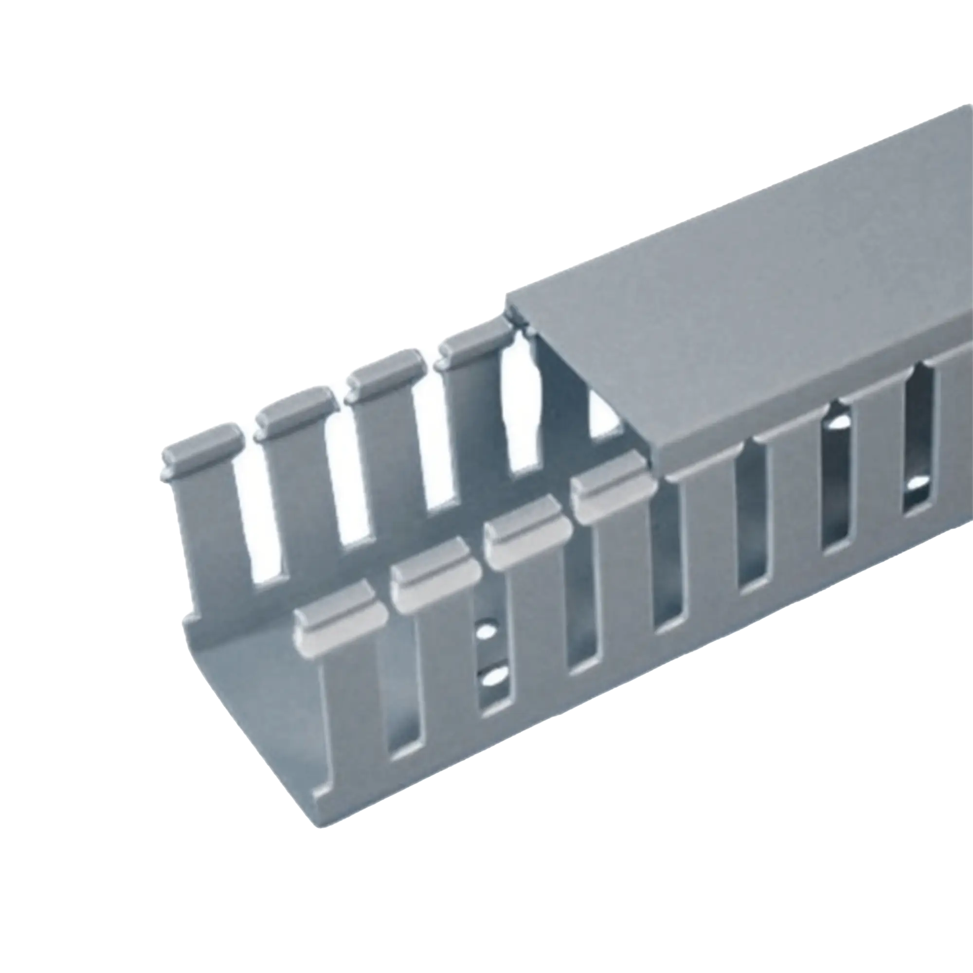 Canaleta Ranurada de PVC con Tapa, Tipo F, 57.2 mm de Ancho, 79.2 mm de Alto y 2 m de Largo, Color Gris