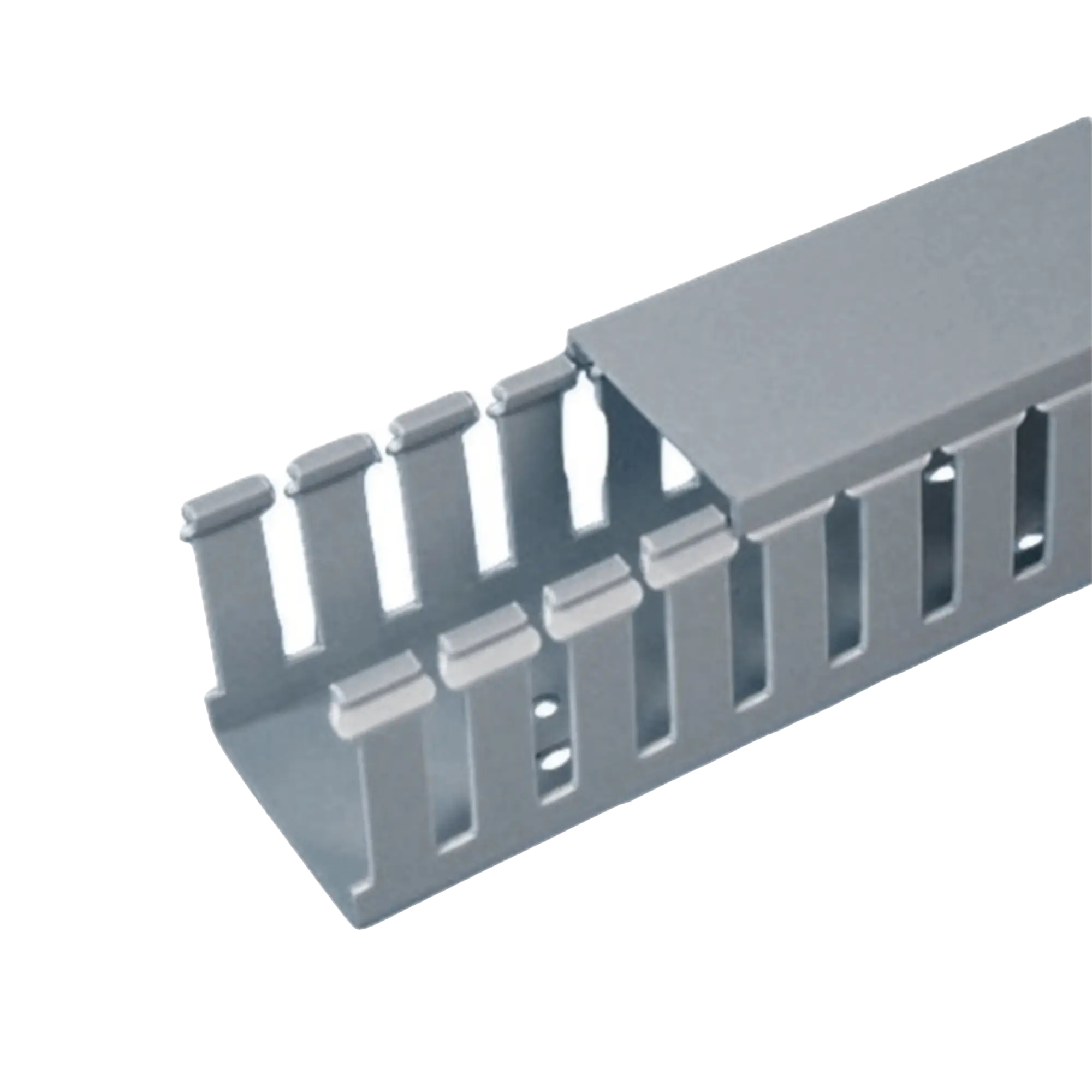 Canaleta Ranurada de PVC con Tapa, Tipo F, 57.2 mm de Ancho, 104.1 mm de Alto y 2 m de Largo, Color Gris