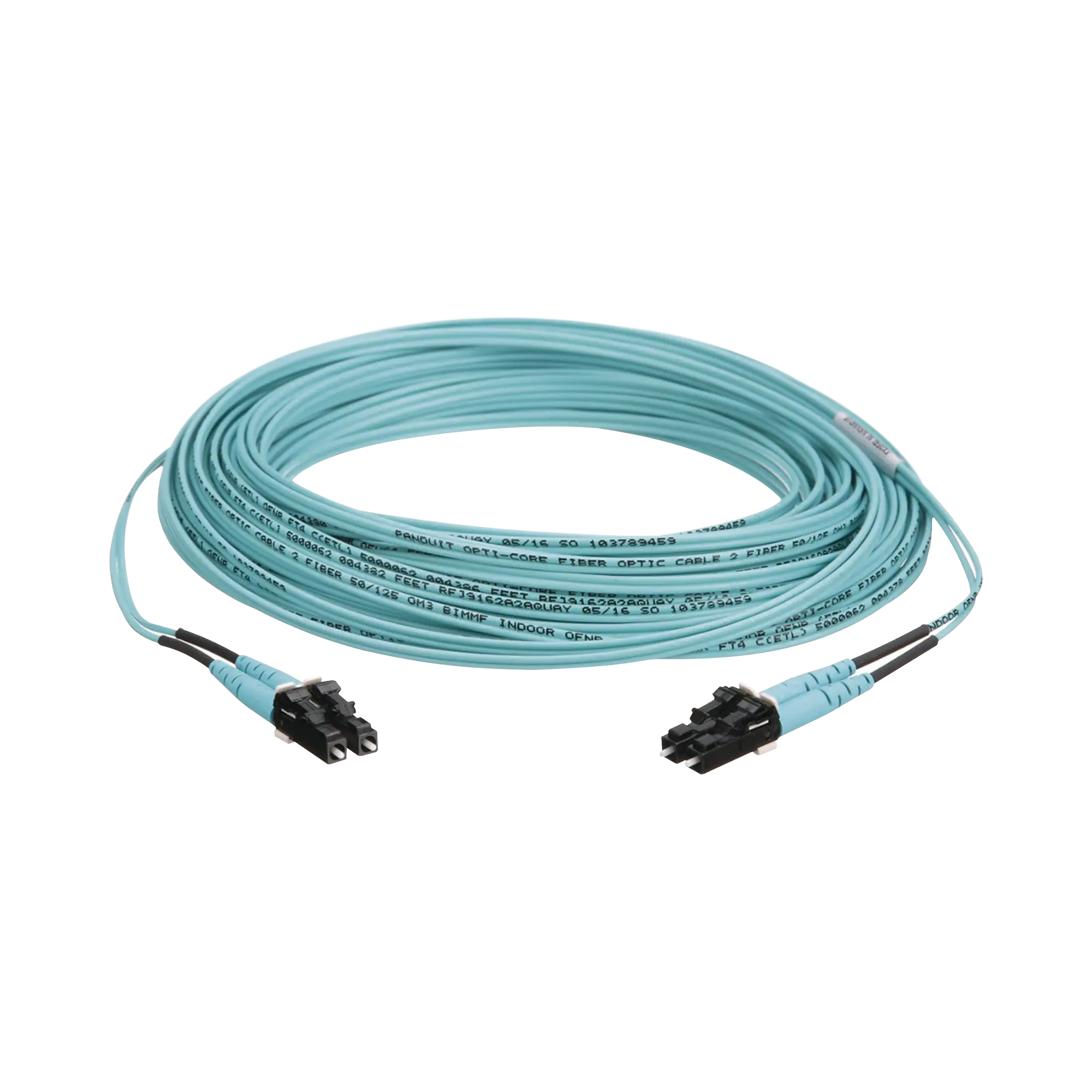 Jumper de Fibra Optica Multimodo 50/125 OM3, LC-LC Duplex, OFNR (Riser), Color Aqua, 30 Metros