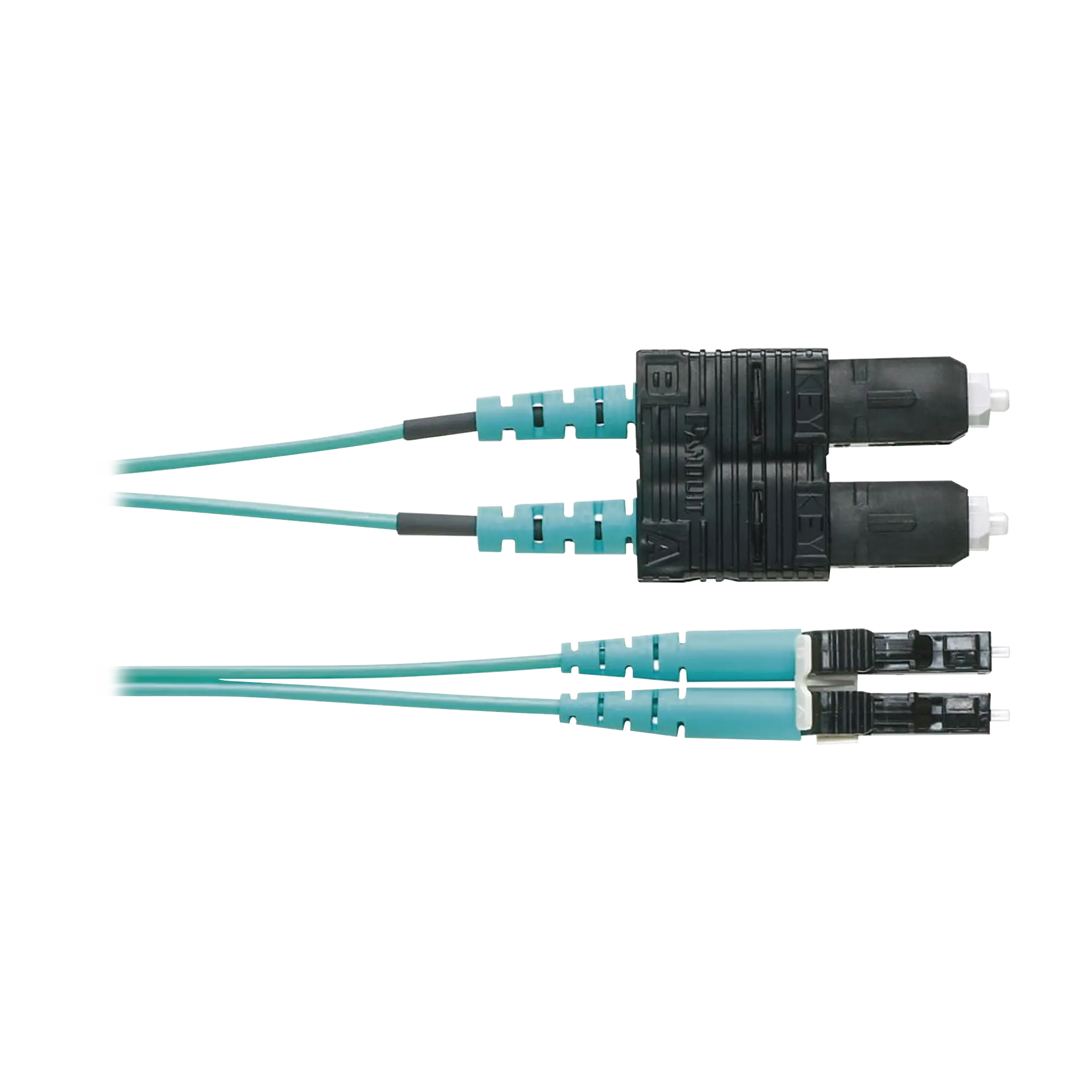 Jumper de Fibra Optica Multimodo 50/125 OM4, LC-SC Duplex, OFNR (Riser), Color Aqua, 1 Metro
