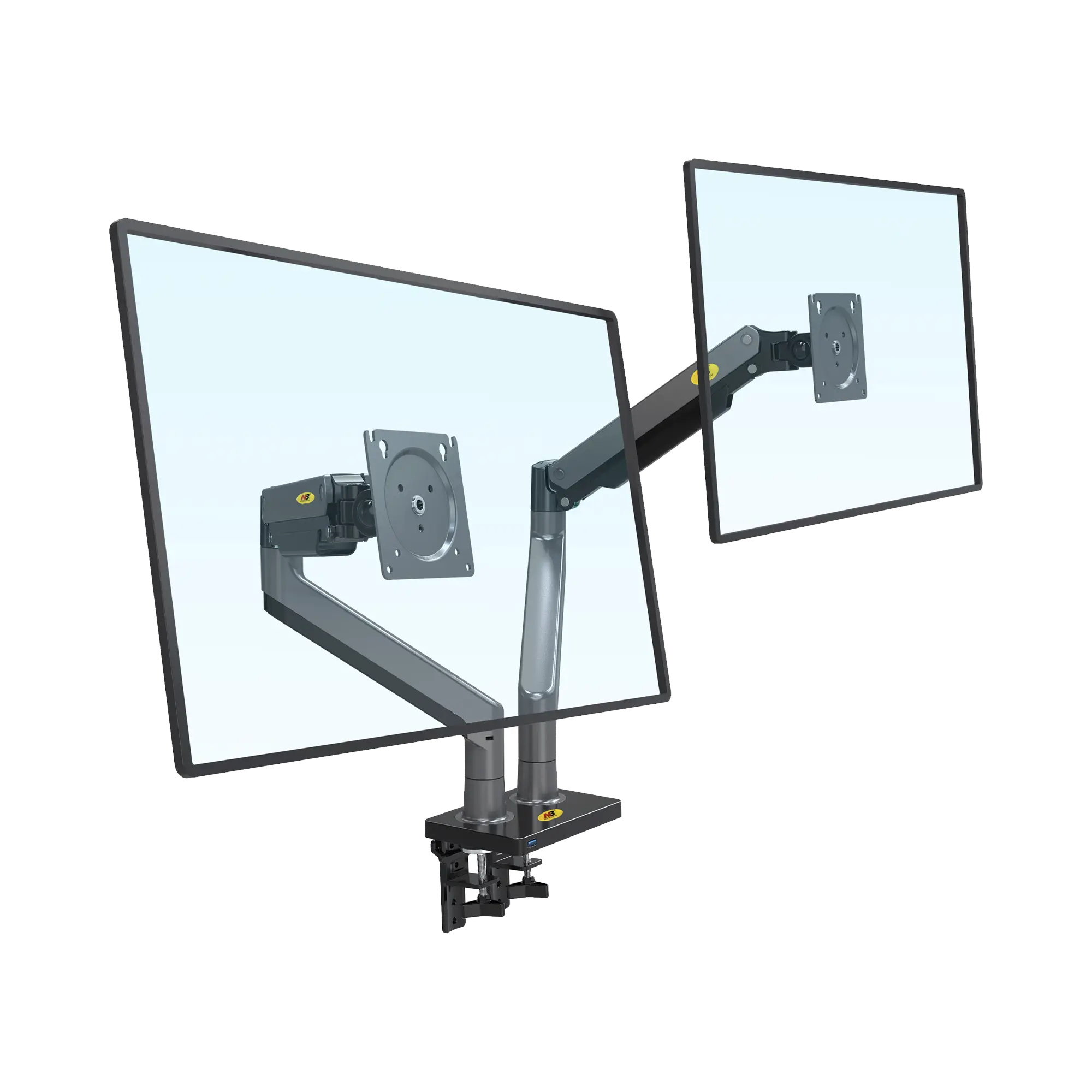 Montaje de Escritorio articulado para 2 monitores de 22″-32″ / Soporta hasta 15 kg x brazo / Vesa 75 x 75 / 100 x 100 / Acero / Giro: 360°