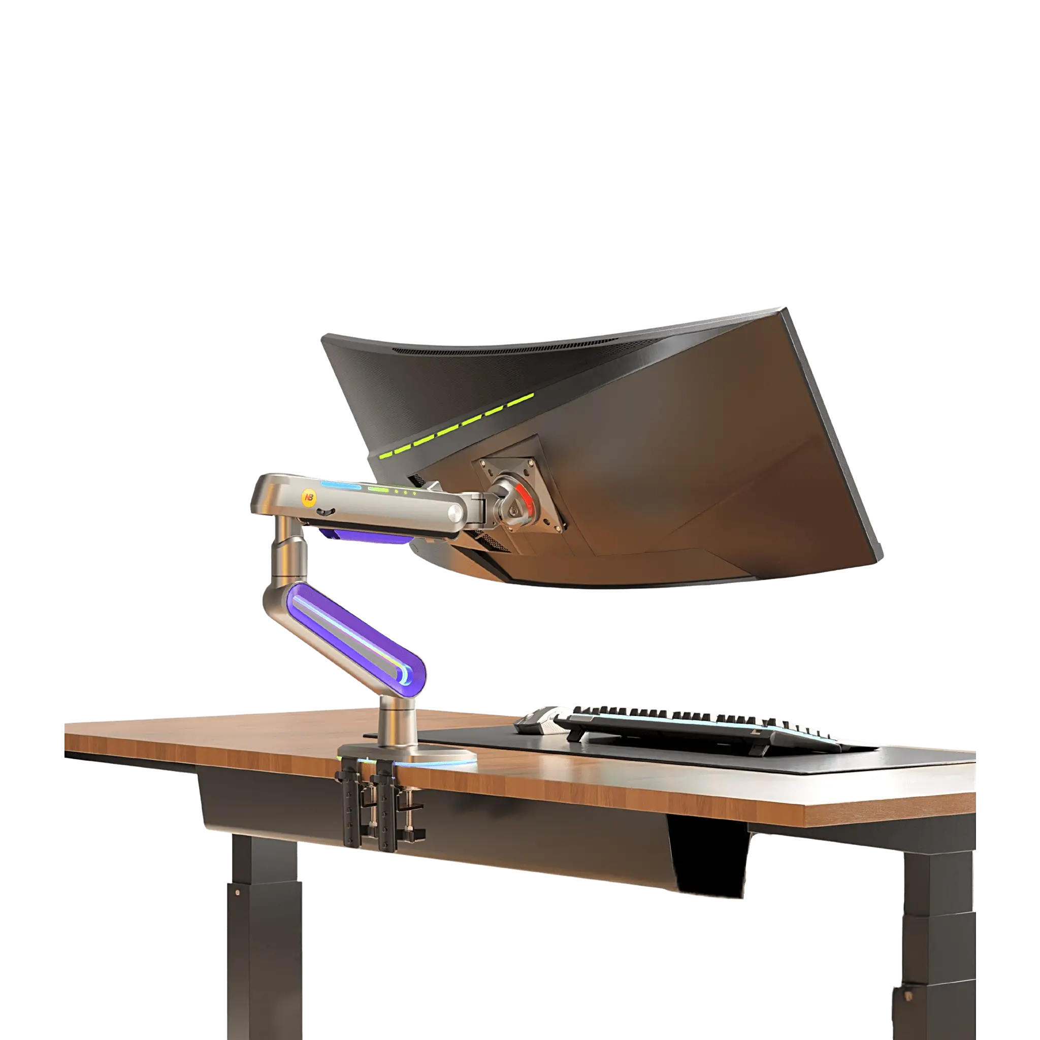 Montaje de Escritorio Ideal Para Monitores Gaming de 32″- 60″ / Capacidad de Carga Maxima 20 Kg / Vesa 75 x 75 – 100 x 100 / Acero / Giro 360° / Color Carbon Mate con Cubierta Plastica Color Morado / Iluminación RGB
