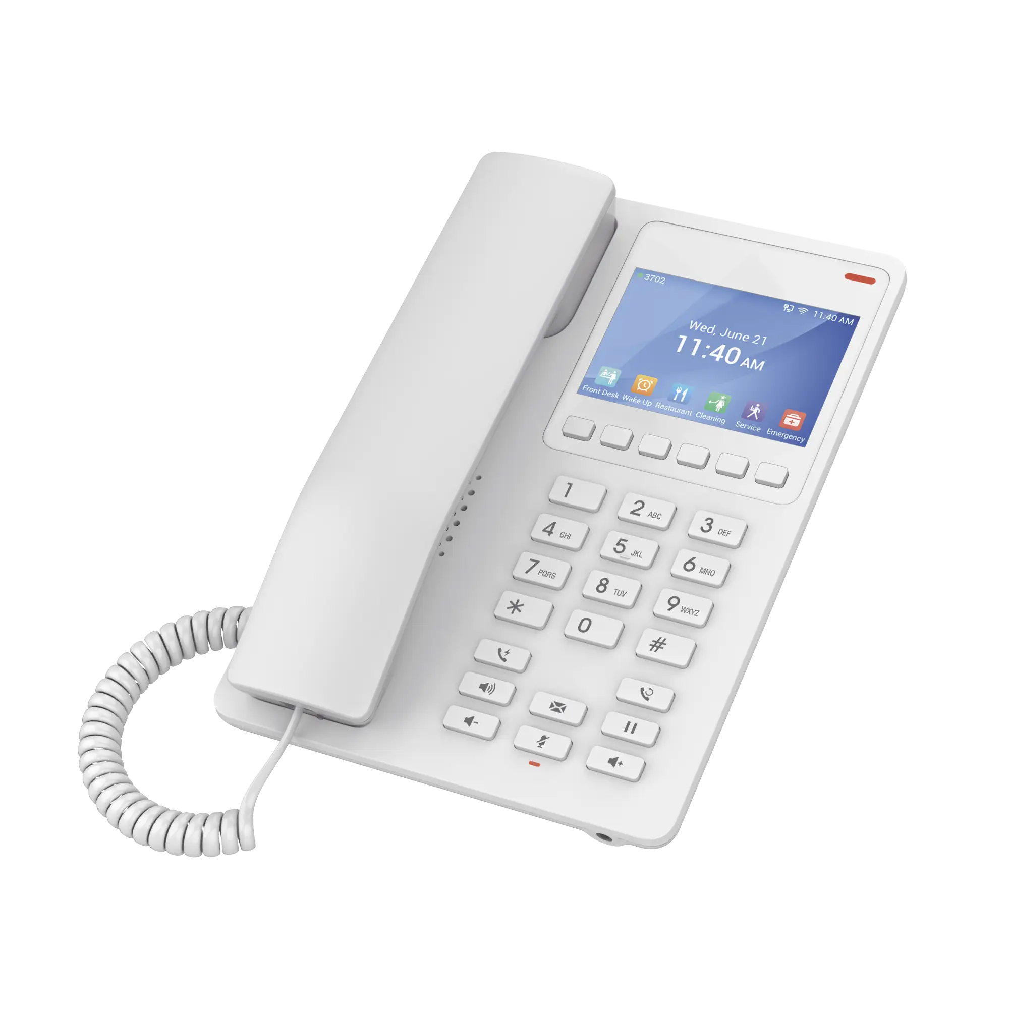 Teléfono IP Hotelero con pantalla LCD a color, 2 líneas SIP con 2 cuentas, codec Opus, IPV4/IPV6, color blanco, con gestión en la nube GDMS