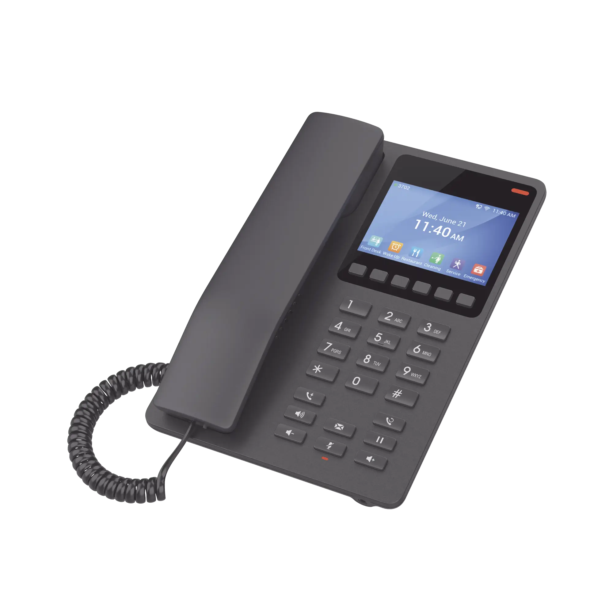 Teléfono IP WiFi Hotelero con pantalla LCD a color, 2 líneas SIP con 2 cuentas, codec Opus, IPV4/IPV6, color negro, con gestión en la nube GDMS