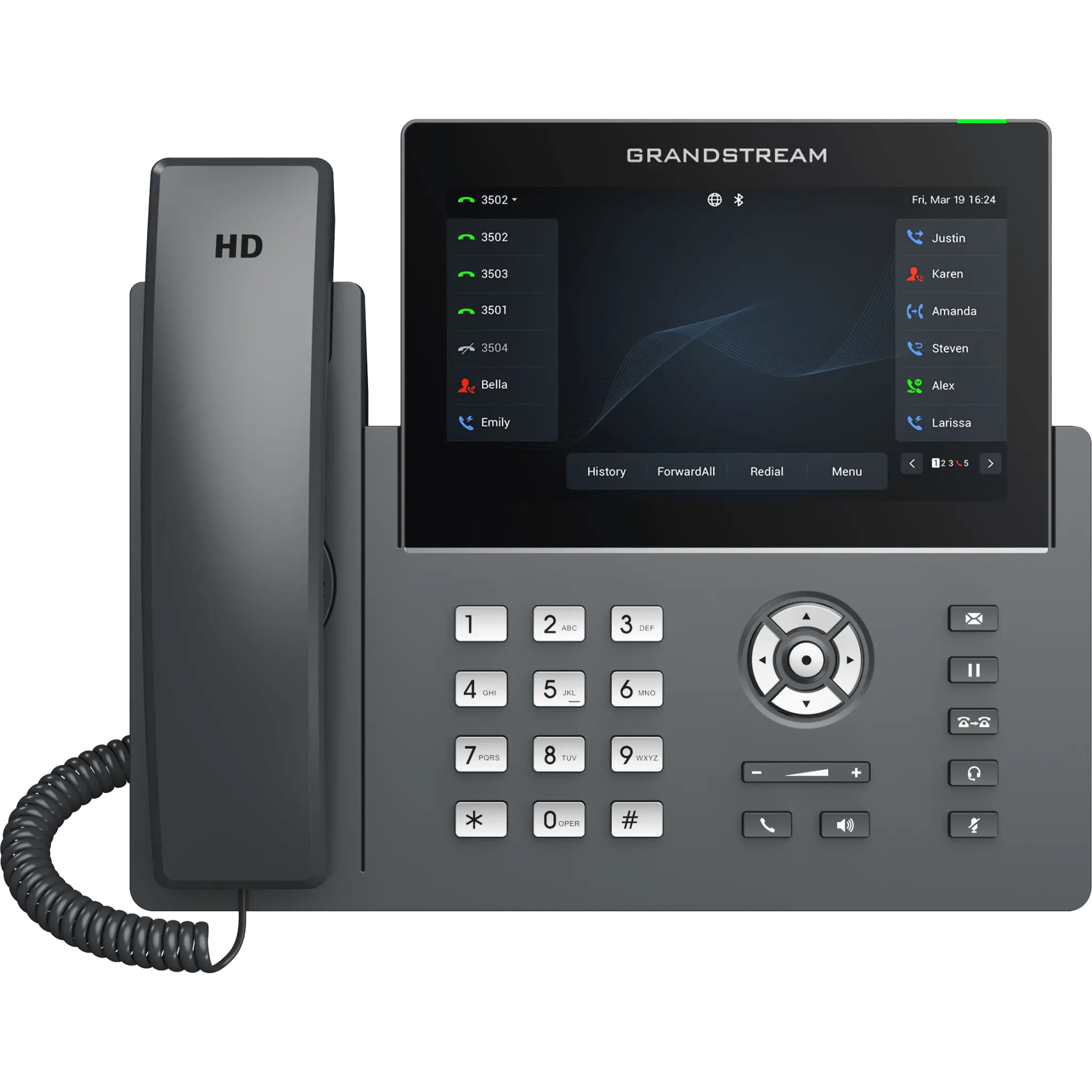 Teléfono IP Wi-Fi, Grado Operador, 12 líneas SIP con 6 cuentas, pantalla táctil 7″, puertos Gigabit, Bluetooth, PoE, codec Opus, IPV4/IPV6 con gestión en la nube GDMS