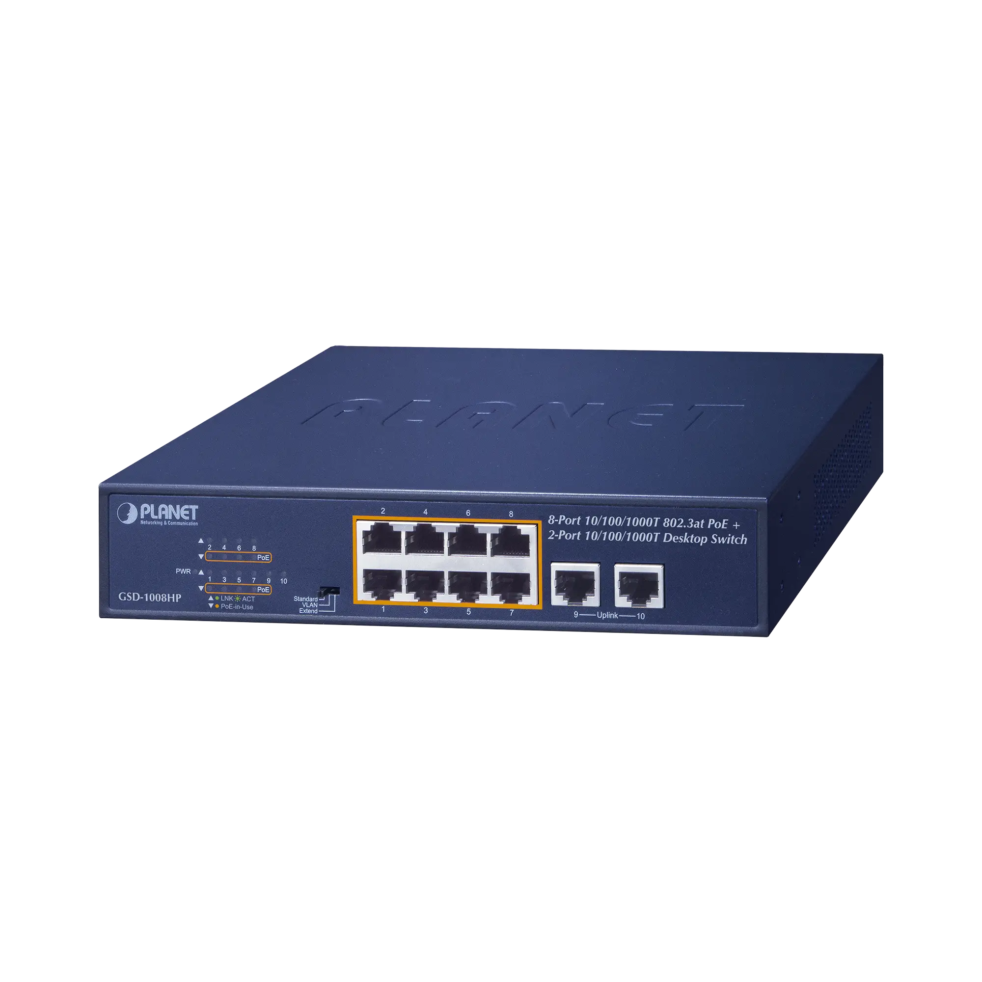 Switch de Escritorio No Administrable / 8 Puertos 10/100/1000T PoE+ 802.3at / 2 Puertos Uplink 10/100/1000T / Presupuesto PoE 120 Watts / Modos Estándar, VLAN y Extend / Distancia Extendida 250 mts / Rackeable