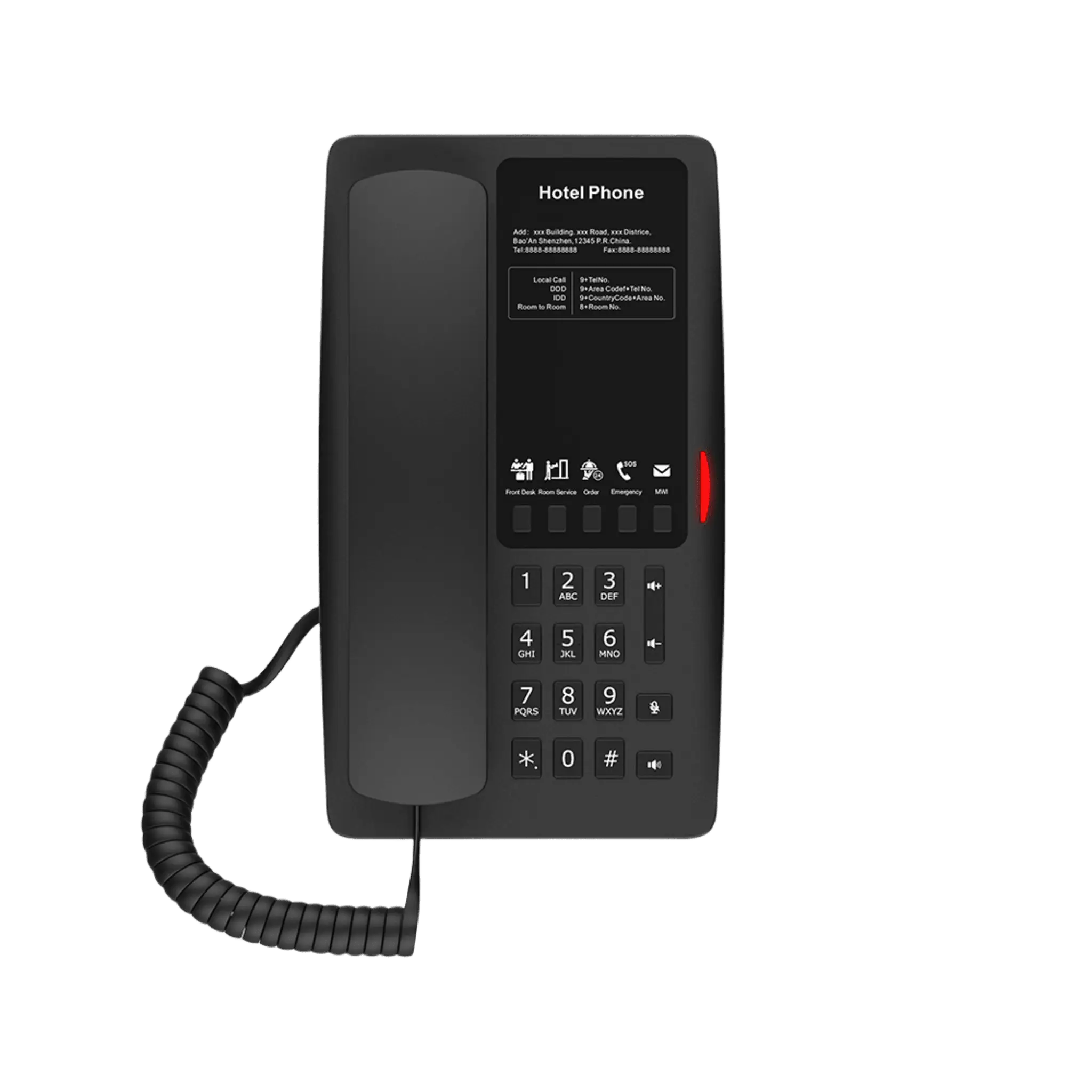 Teléfono IP WI-FI para Hotelería, Puerto USB-A para carga, 5 teclas programables para servicio rápido (Hotline), plantilla personalizable con PoE