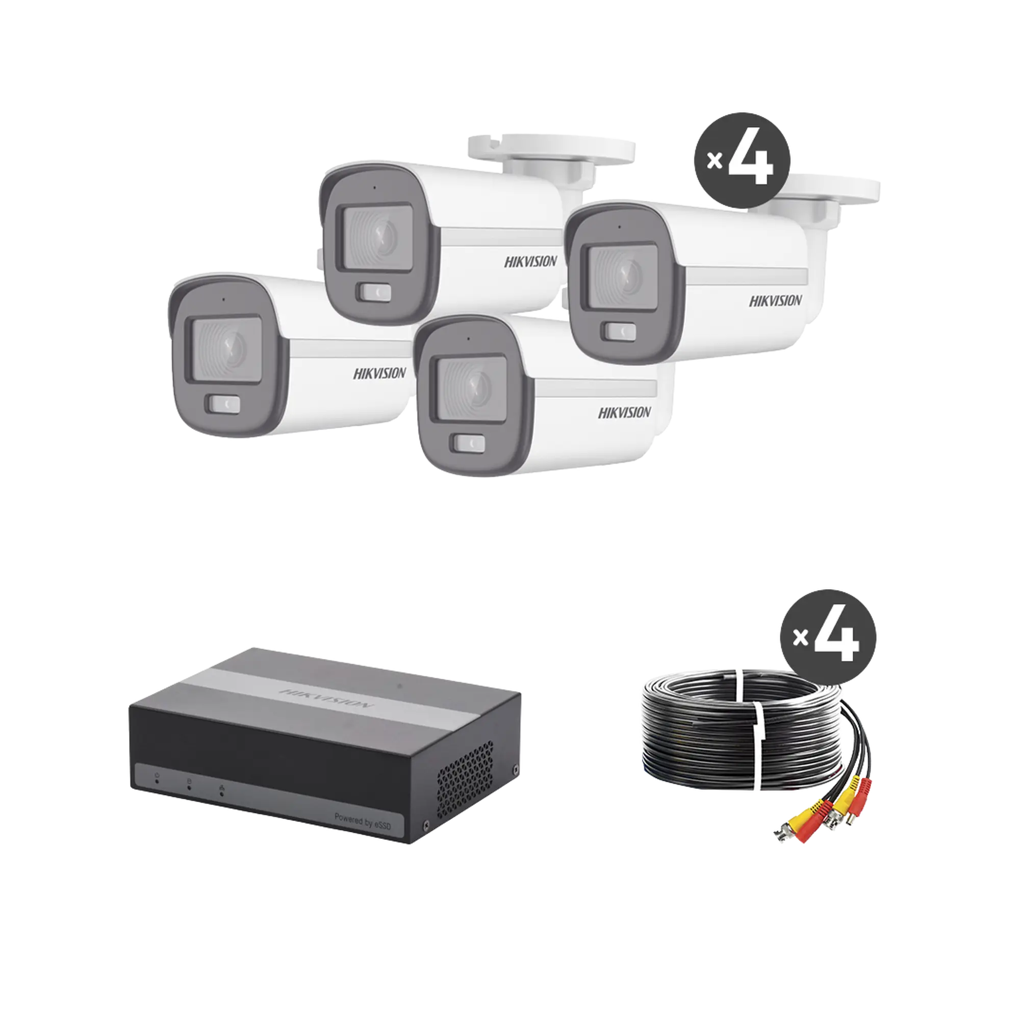Kit TurboHD 1080p / DVR 4 Canales con Unidad de Almacenamiento eSSD de 300 GB / 4 Cámaras Bala ColorVu con Micrófono Integrado / Fuente de Poder / Accesorios de Instalación