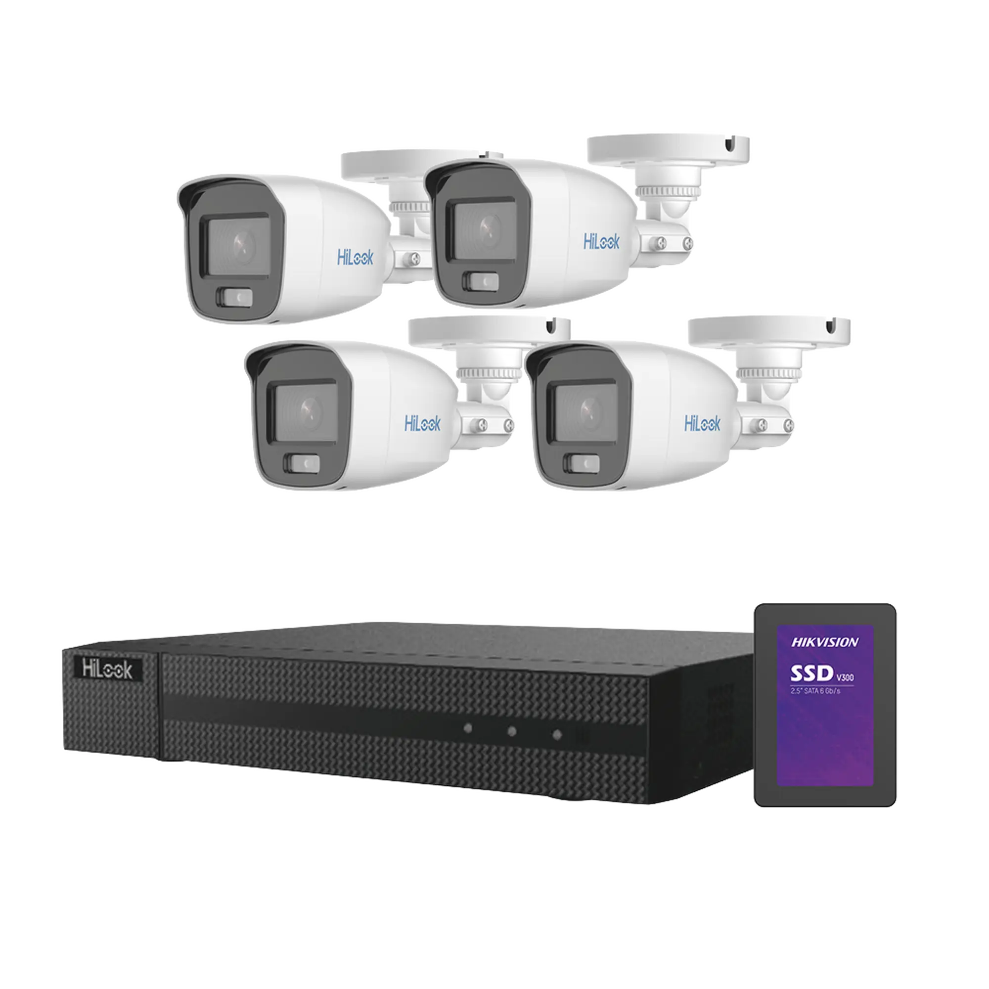 Kit TurboHD 1080p + SSD 500 GB / DVR 4 Canales / 4 Cámaras Bala ColorVu con Micrófono Integrado / Fuente de Poder / Accesorios de Instalación