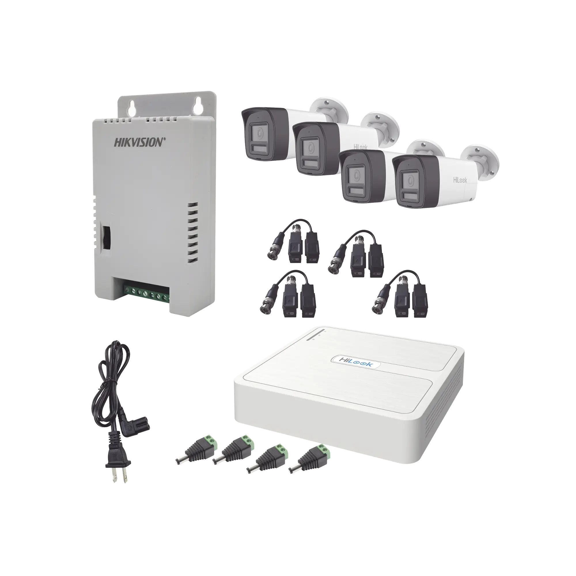 Kit HiLook Audio Bidireccional TurboHD 1080p / DVR 4 Canales / 4 Cámaras Bala (Exterior) con Bocina y Micrófono Integrado / 1 Fuente de Poder / Accesorios