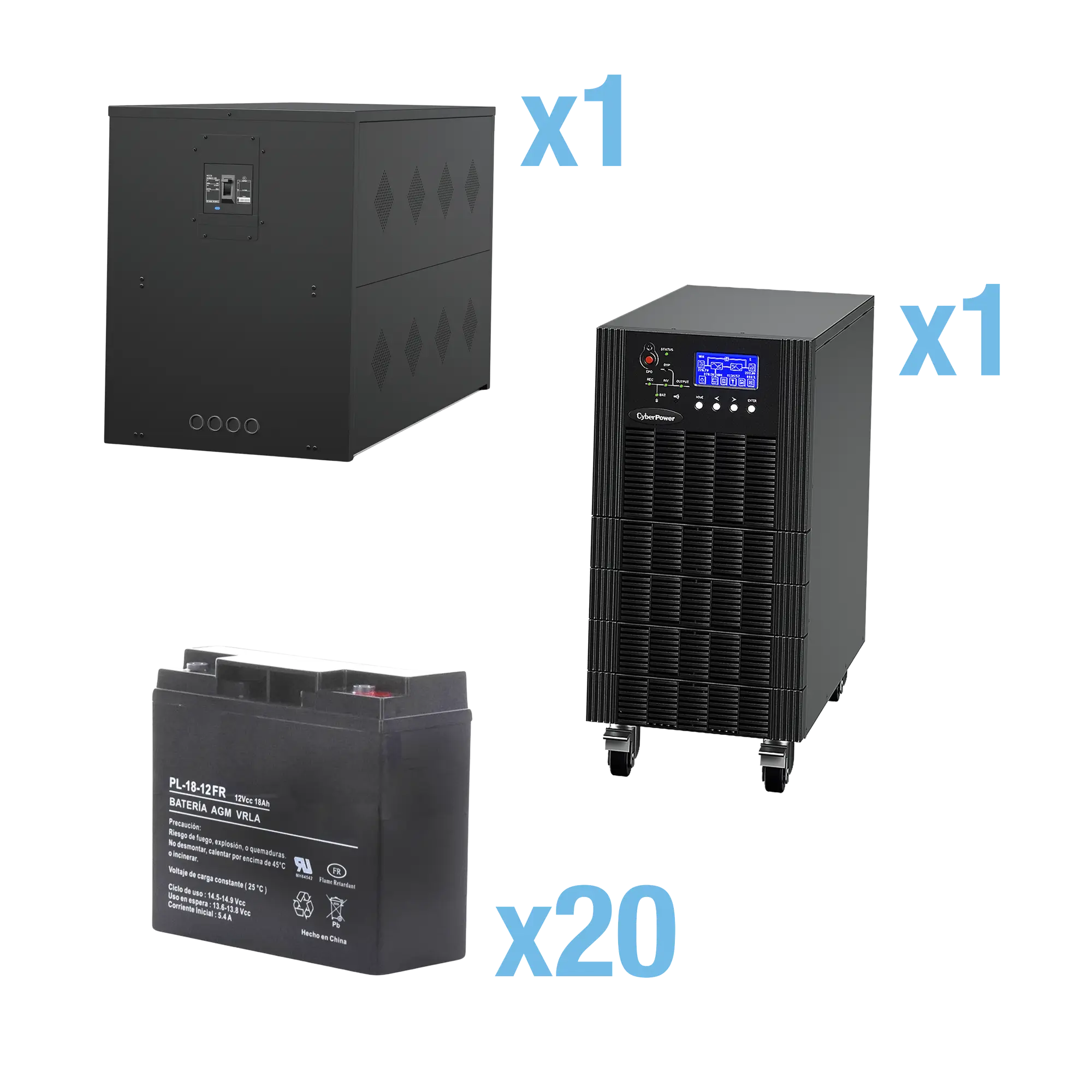UPS Trifásico de 15 kVA/15 kW, Topología Online Doble Conversión, Voltaje de 208/220 Vca de L-L, Respaldo de 5 Minutos al 100% de Carga, Incluye Módulo y Banco de Baterías