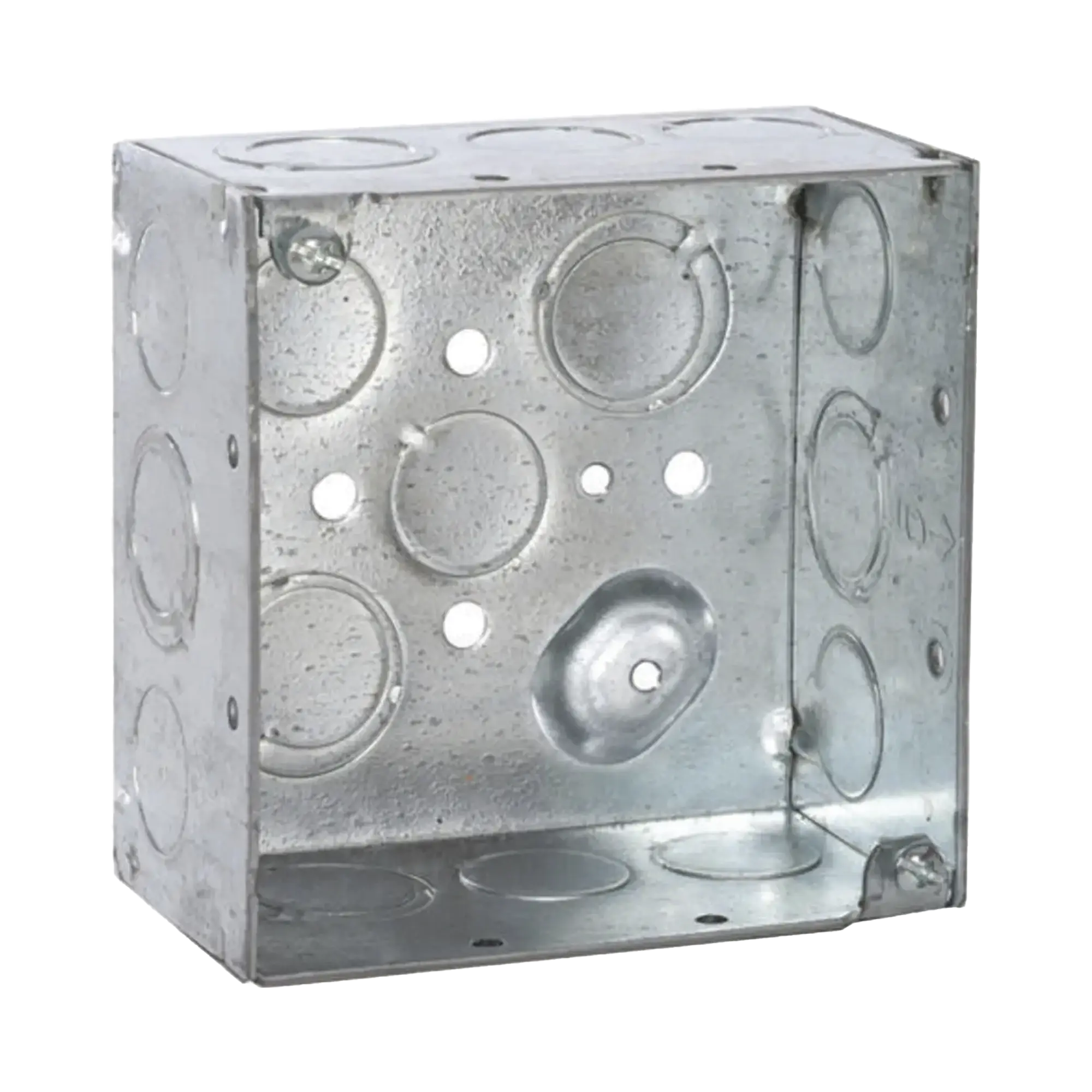 Caja Cuadrada Galvanizada de 4" x 4", profundidad de 2 1/8". Cuenta con 10 KO de 1/2" y 6 TKO (1/2" - 3/4"))