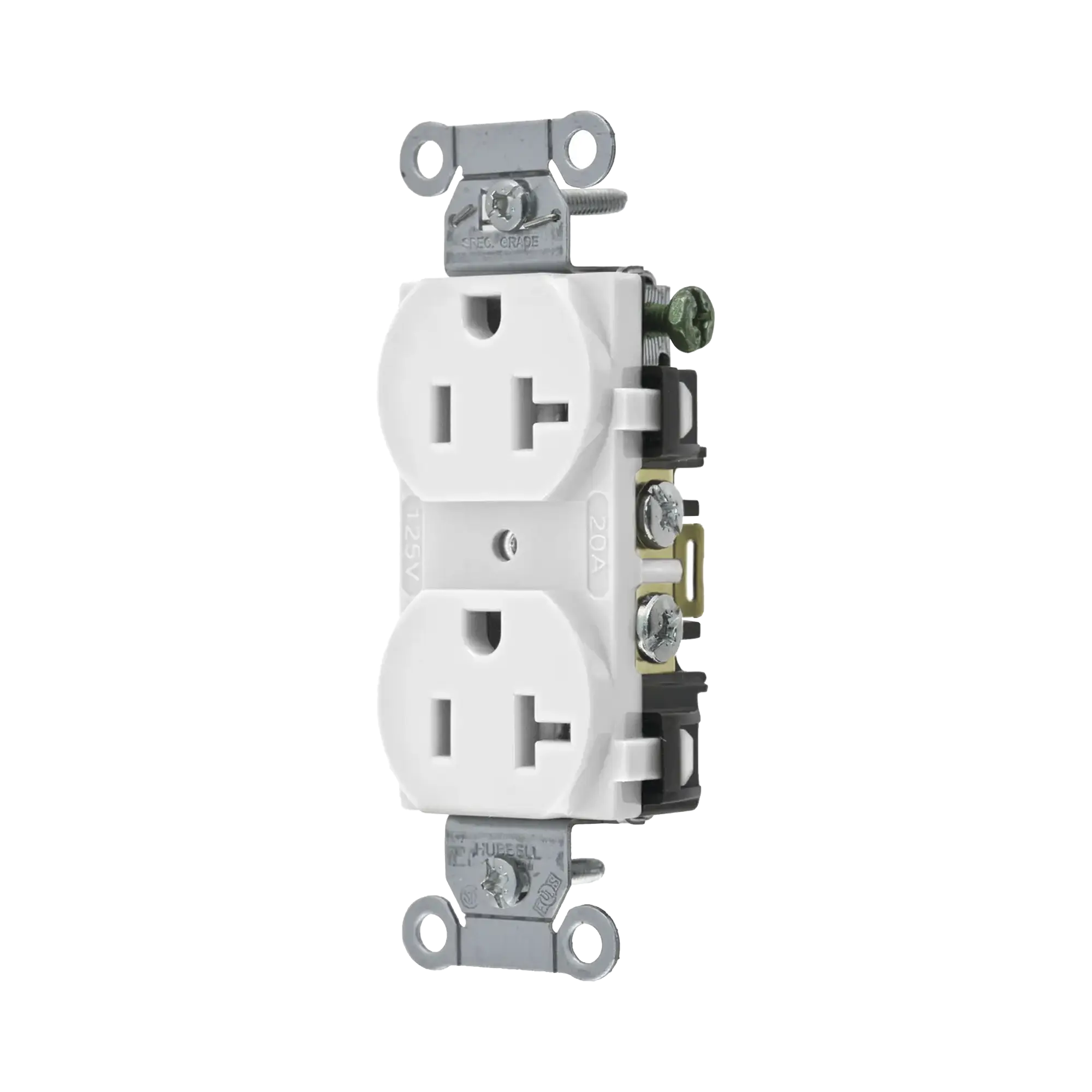 Contacto Dúplex 20 A, 125 V,  2 Polos, 3 Hilos, Cableado Posterior y  Lateral, Color Blanco (Nema 5-20R).