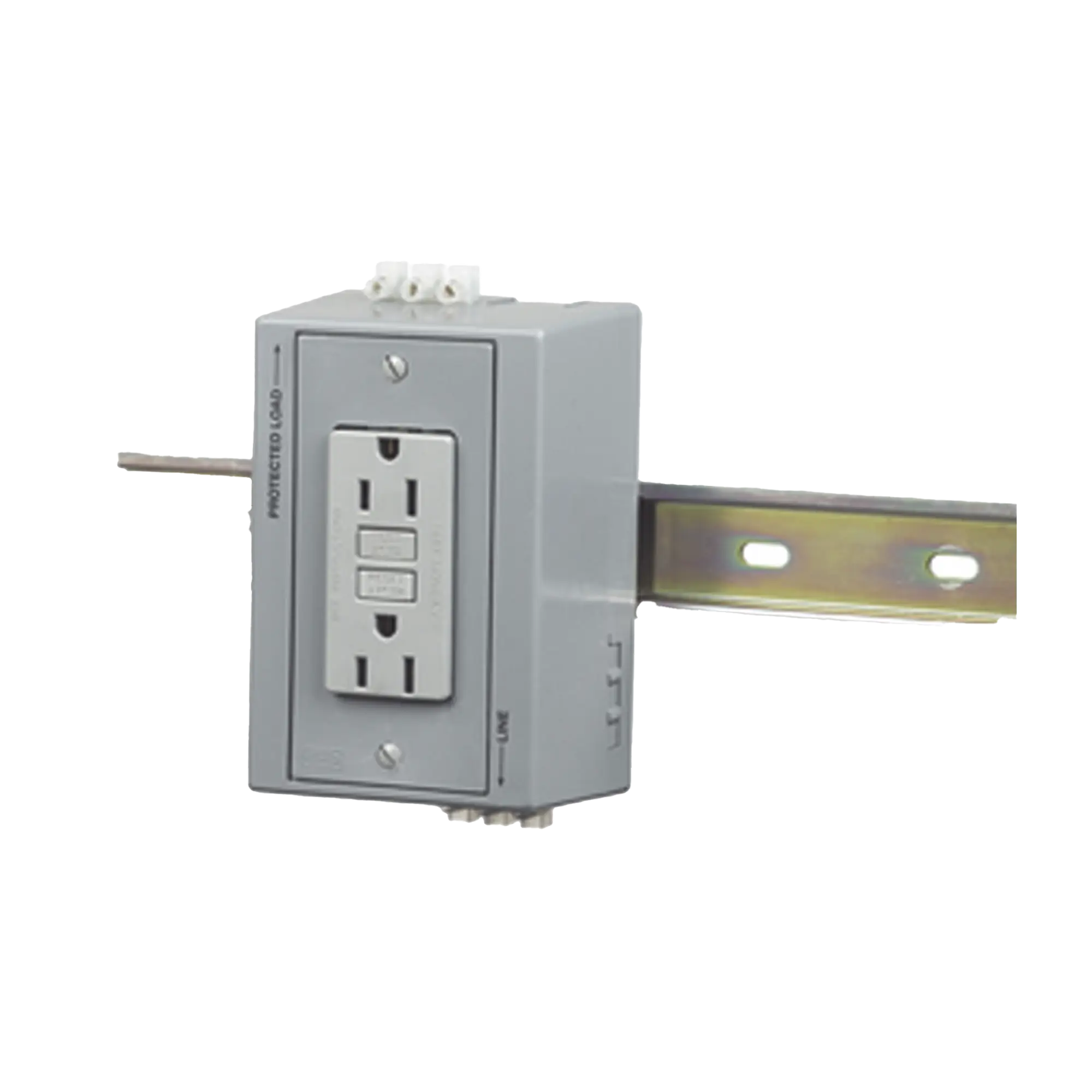 Caja Utilitaria para Montaje en Riel Din con Contacto Duplex de 15 A 125 V / Nema 5-15R / Gris.
