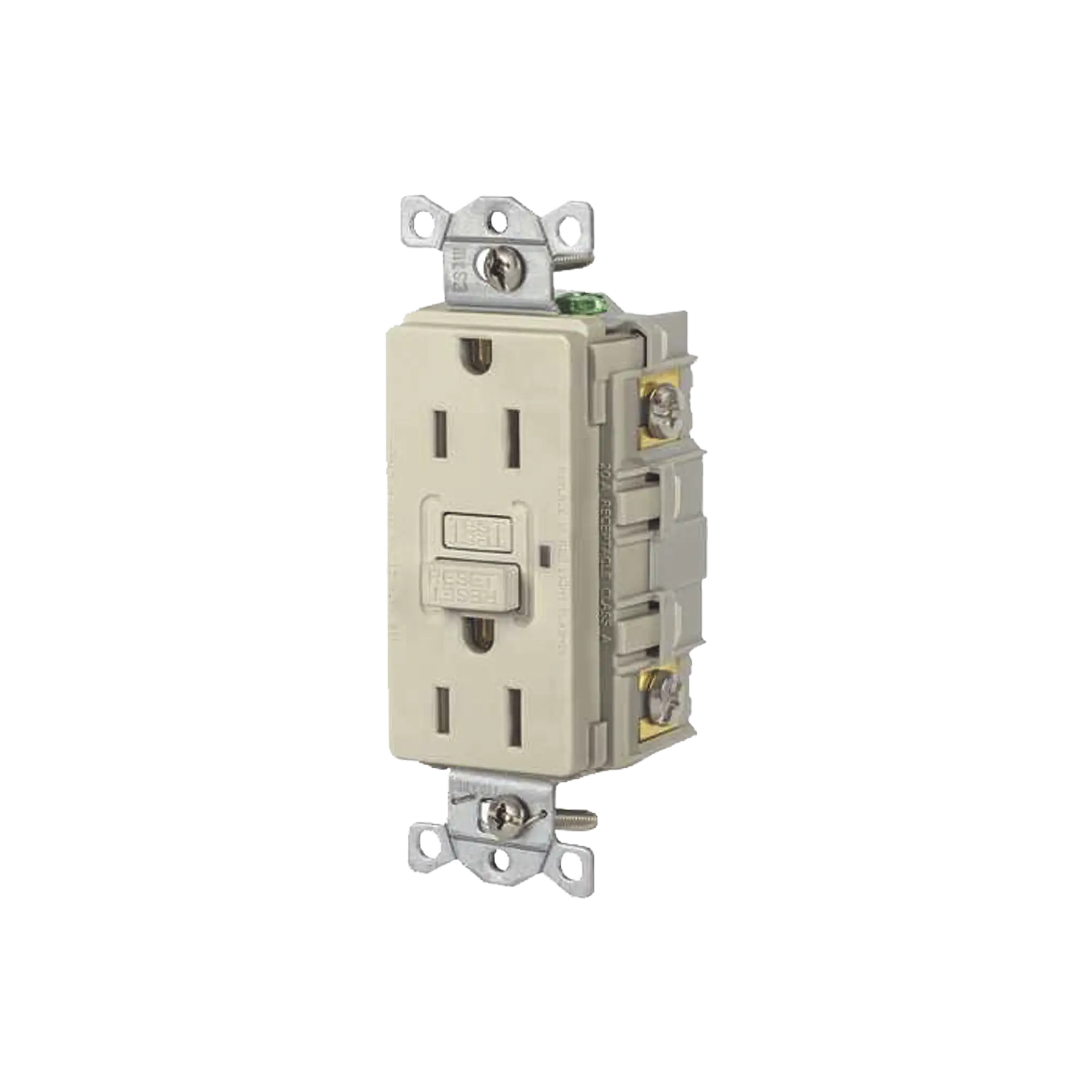 Contacto de Auto-verificación GFCI con Interruptor de Falla a Tierra de 15 A 125 V 2 Polos/ Color Marfil / Nema 5-15R / Grado Industrial Comercial.