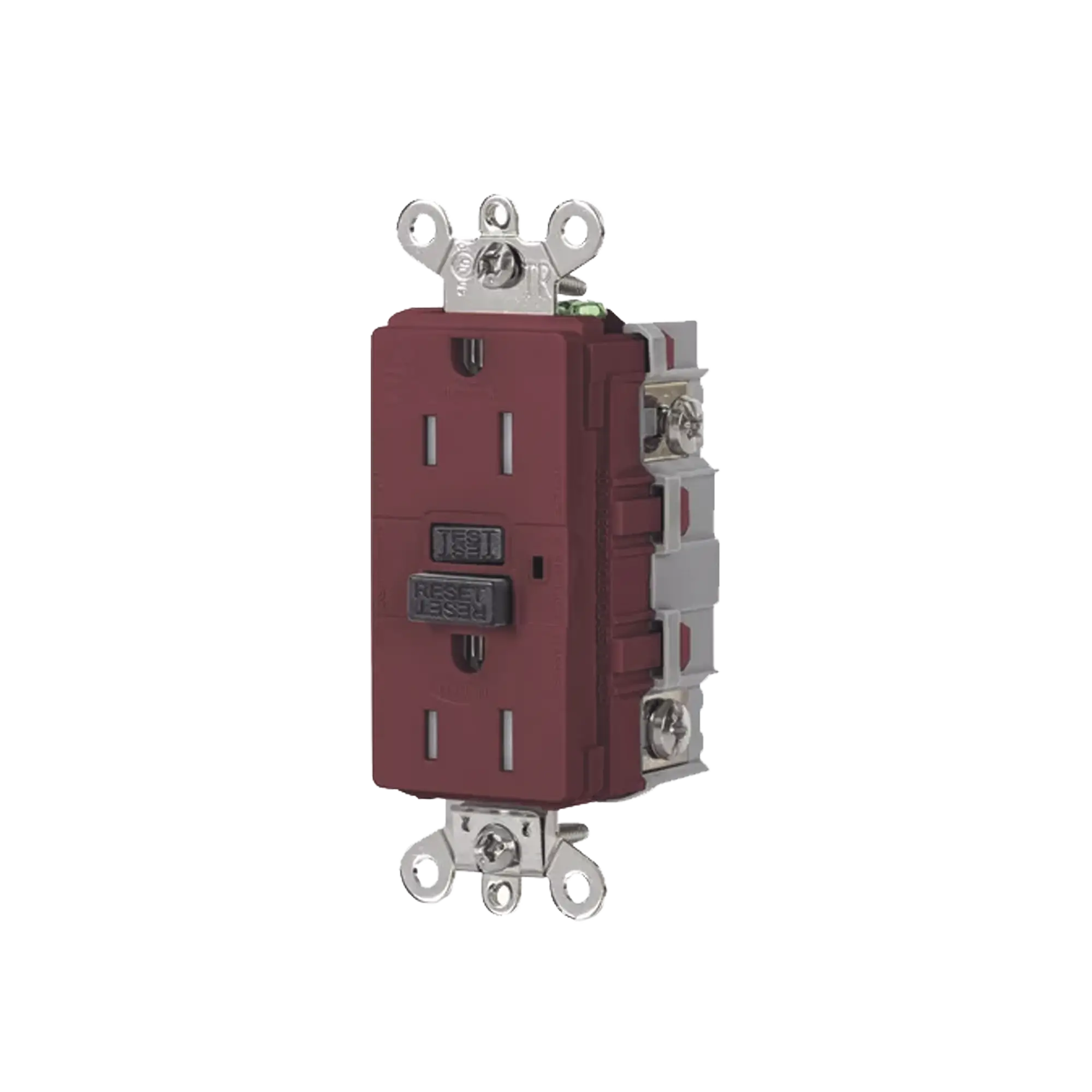 Contacto de Auto-verificación GFCI de 15 A 125 V 2 Polos/  Resistente a Manipulaciones y Intemperie / Color Rojo / Nema 5-15R / Grado Industrial.
