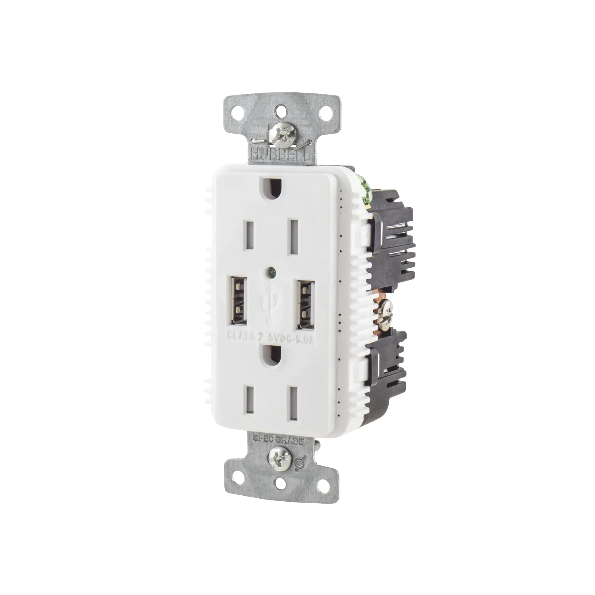 Contacto Dúplex con 2 Puertos USB, 15A 125V, 2 Polos, 3 Hilos, Color Blanco.