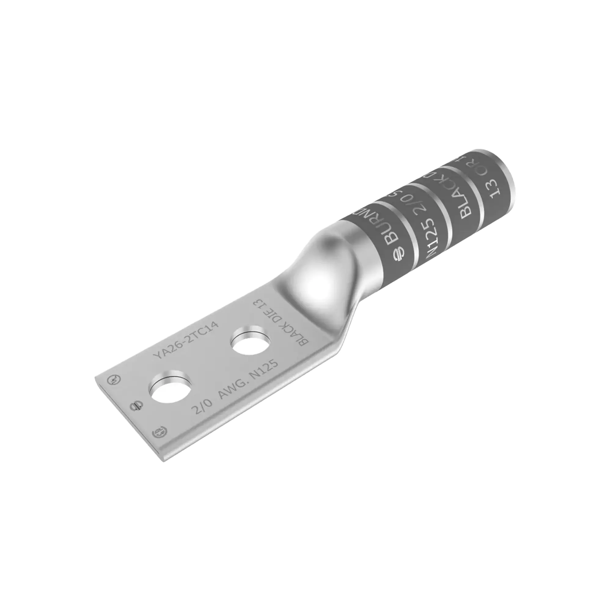 Zapata Terminal de Cobre Electrolítico/ Cañon Largo con 2 Perforaciones para Tornillos de 1/2″ / Cable Calibre 2/0 / Espaciamiento entre orificios de 1 3/4″.