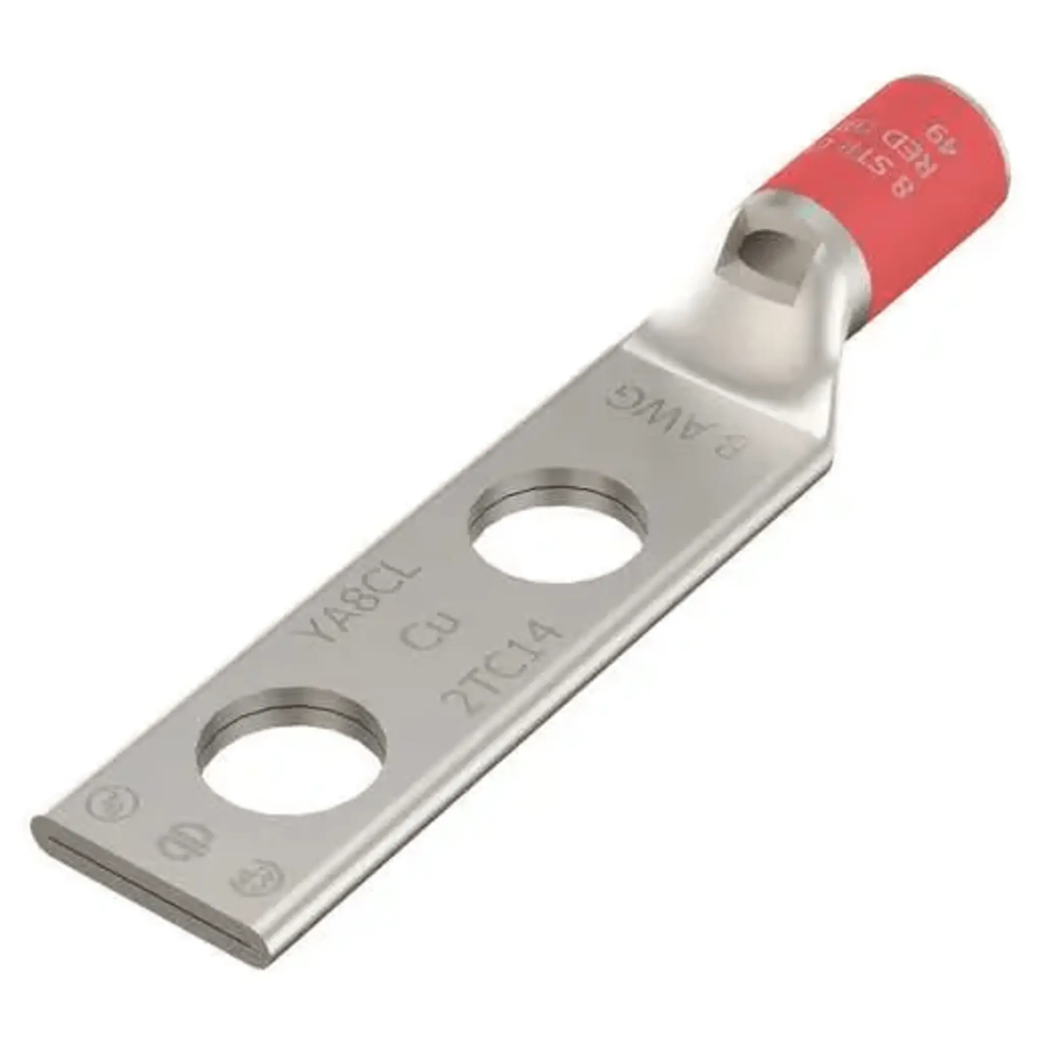 Terminal de Compresión / 8 AWG CU / Dos Orificios / Tamaño del Tornillo 1/2 / Espaciado de Orificios 1-3/4 / Barril Estándar / Ventana de Inspección / Biselado Interno / Estaño Plateado / UL-CSA / 90°C / Hasta 35kV /