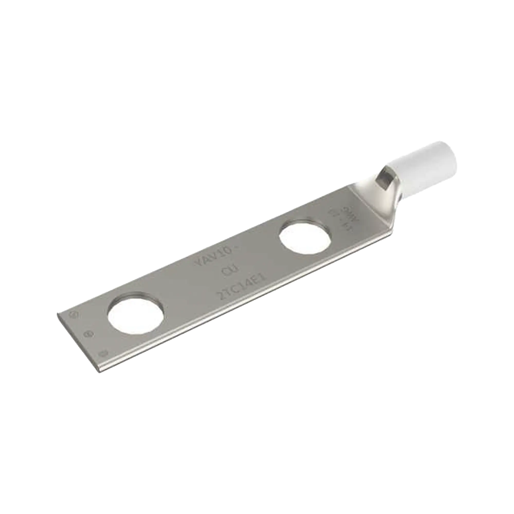 Zapata Terminal de Compresión de Barril Largo con Doble Ojillo para Tornillo 1/4″ y Cable 14-10 AWG / Espaciado de 5/8″.