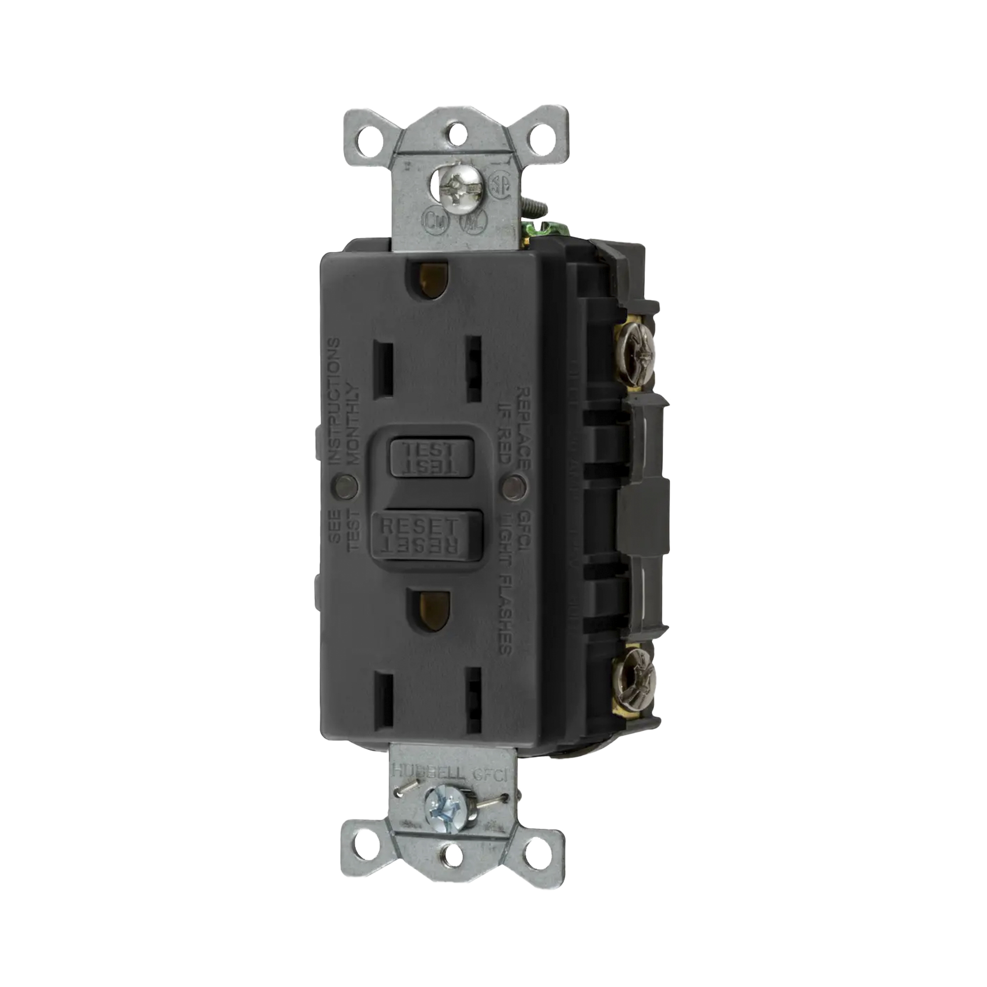 Contacto de Auto-verificación GFCI con Interruptor de Falla a Tierra de 15 A 125 V 2 Polos, 3 Hilos Color Negro (Nema 5-15R), Grado Comercial.