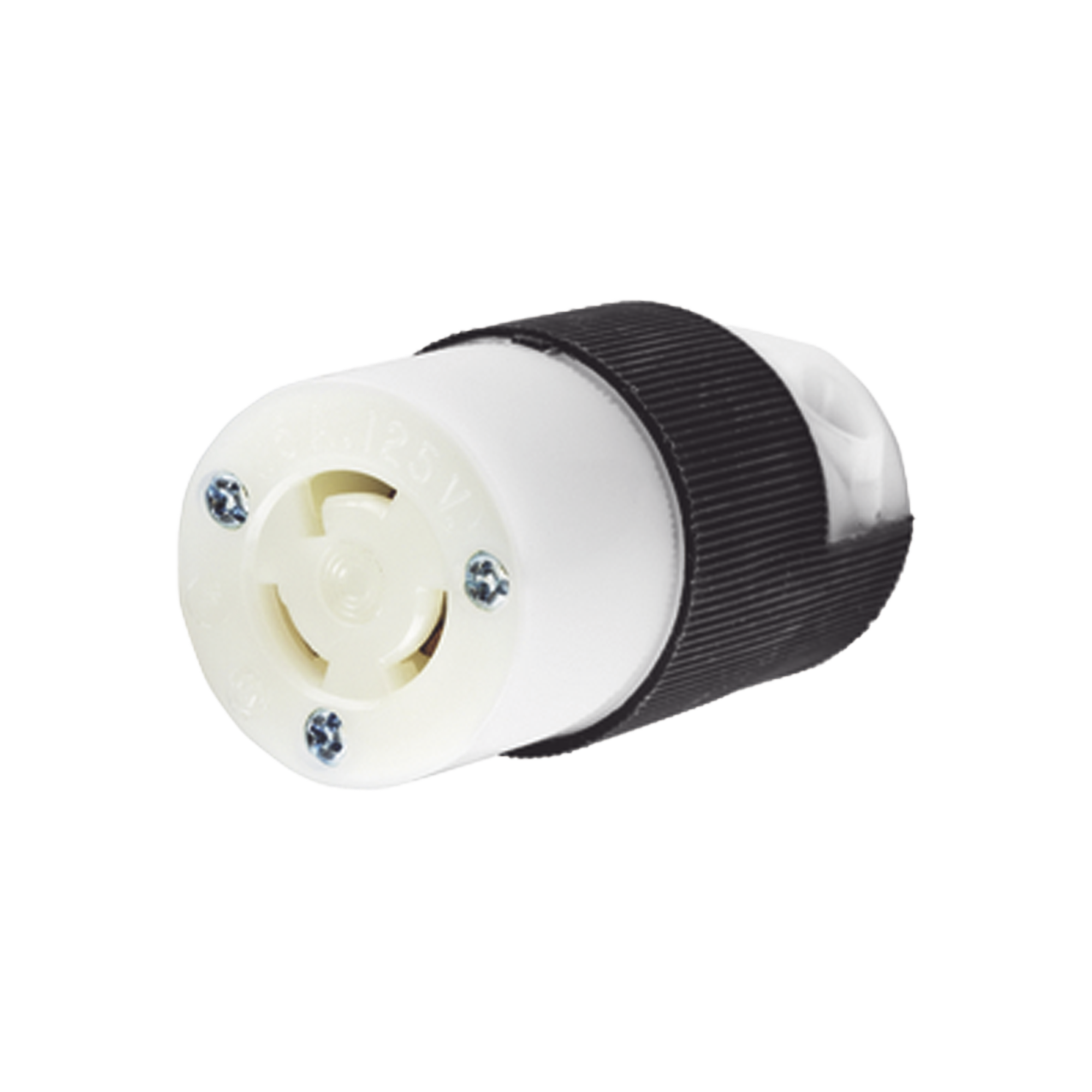 Conector Industrial con Bloqueo de Media Vuelta / 15 A 125 V CA / 2 Polos 3 Hilos / Color Blanco y Negro / Nema L5-15R.