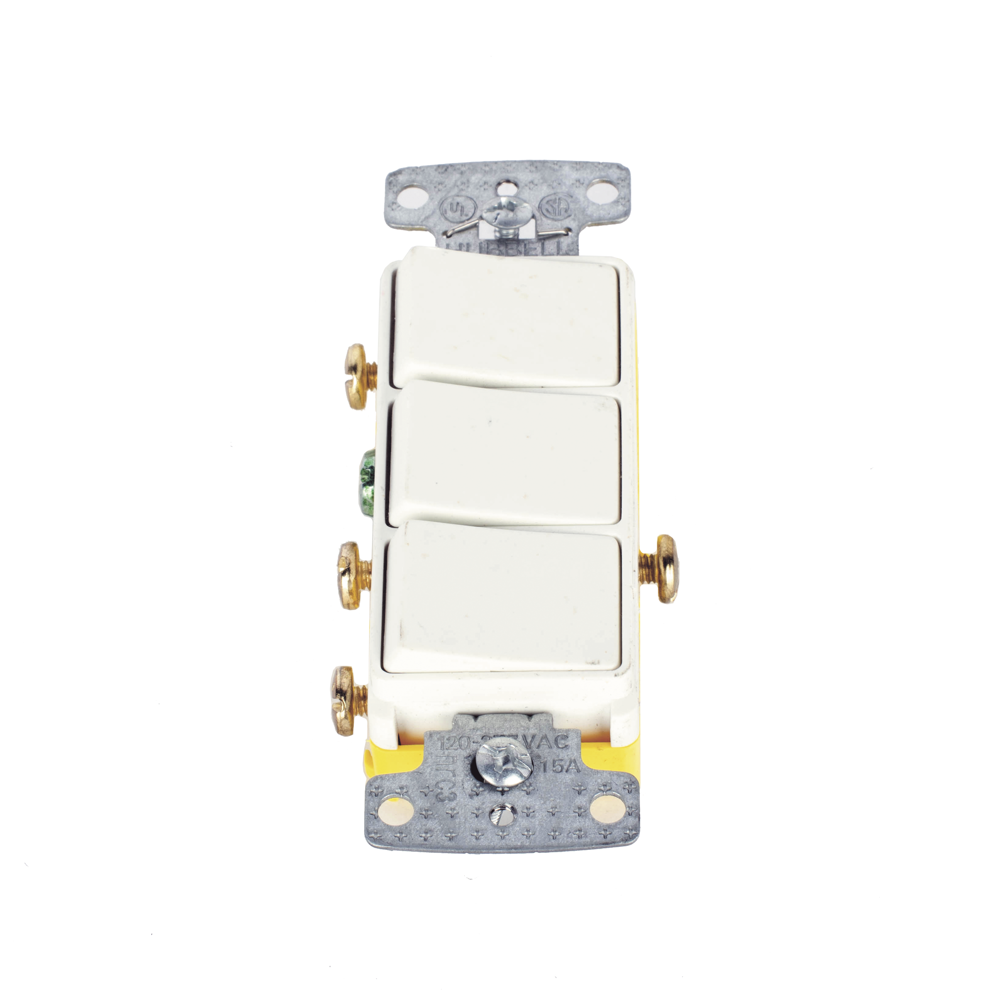 Interruptor Residencial 15 A 120 V, con 3 Bases Unipolares, Cableado lateral, Color Blanco.