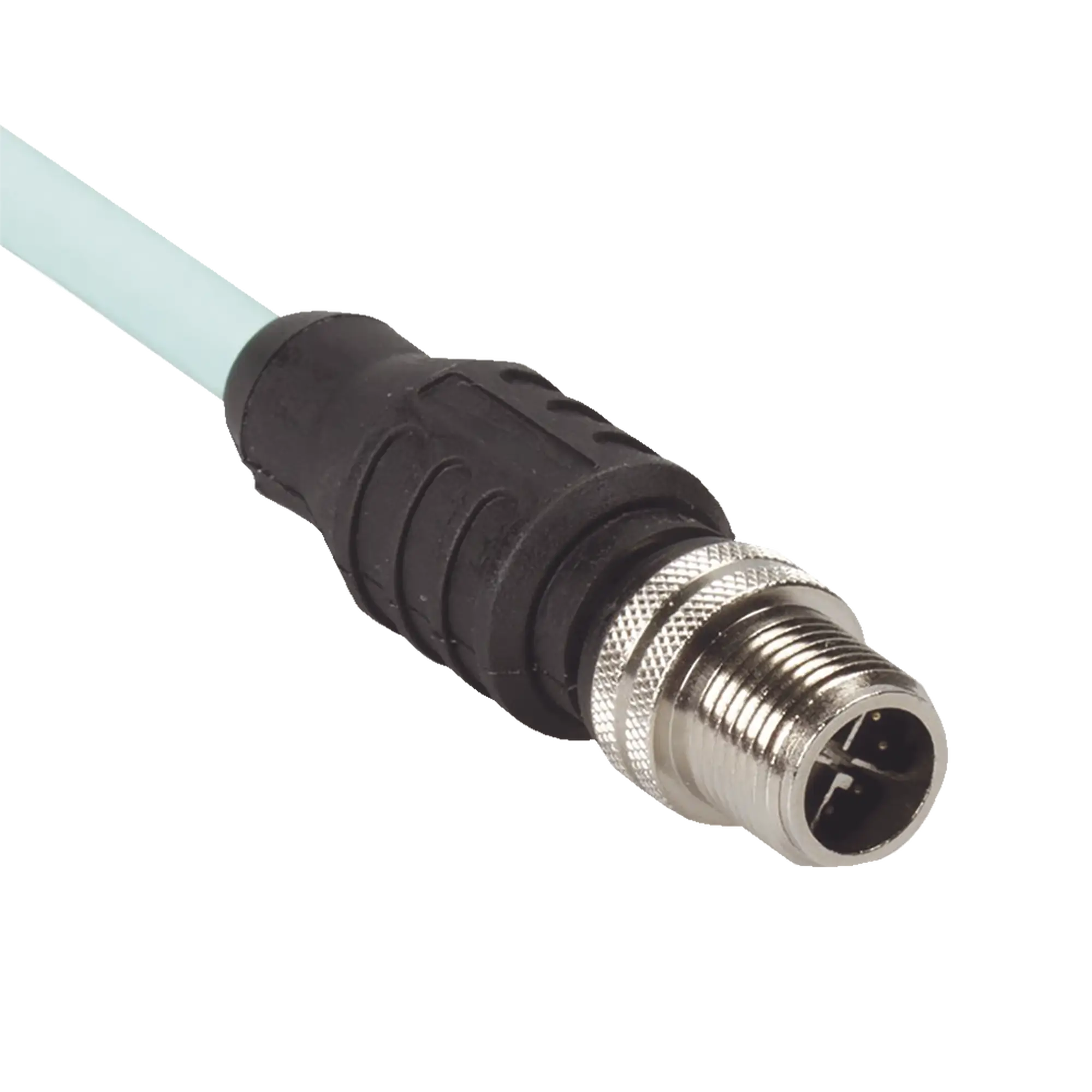 Cable de Conexión IndustrialNet Cat6A, Con Conector Recto M12 X-Code Macho en Ambos Extremos, Blindado SF/UTP, Forro TPO, Color Azul Cerceta, 1 Metro