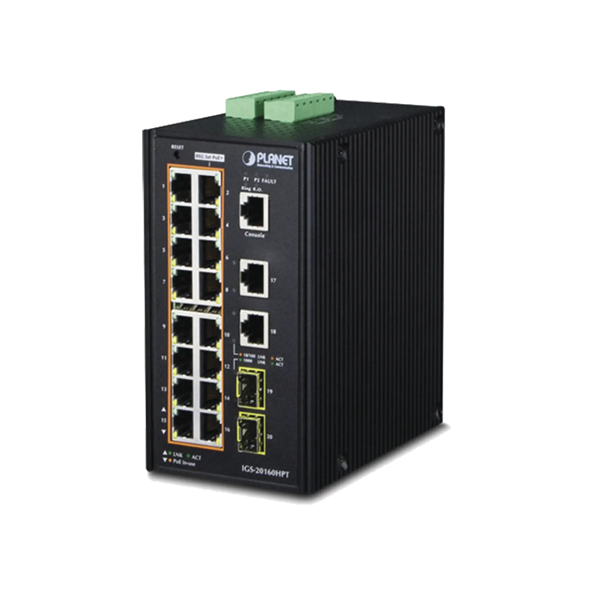Switch Industrial Administrable 16 puertos 10/100/1000 T 802.3at PoE + 2 Puertos 10/100/1000 T + 2 puertos 100/1000 X SFP
