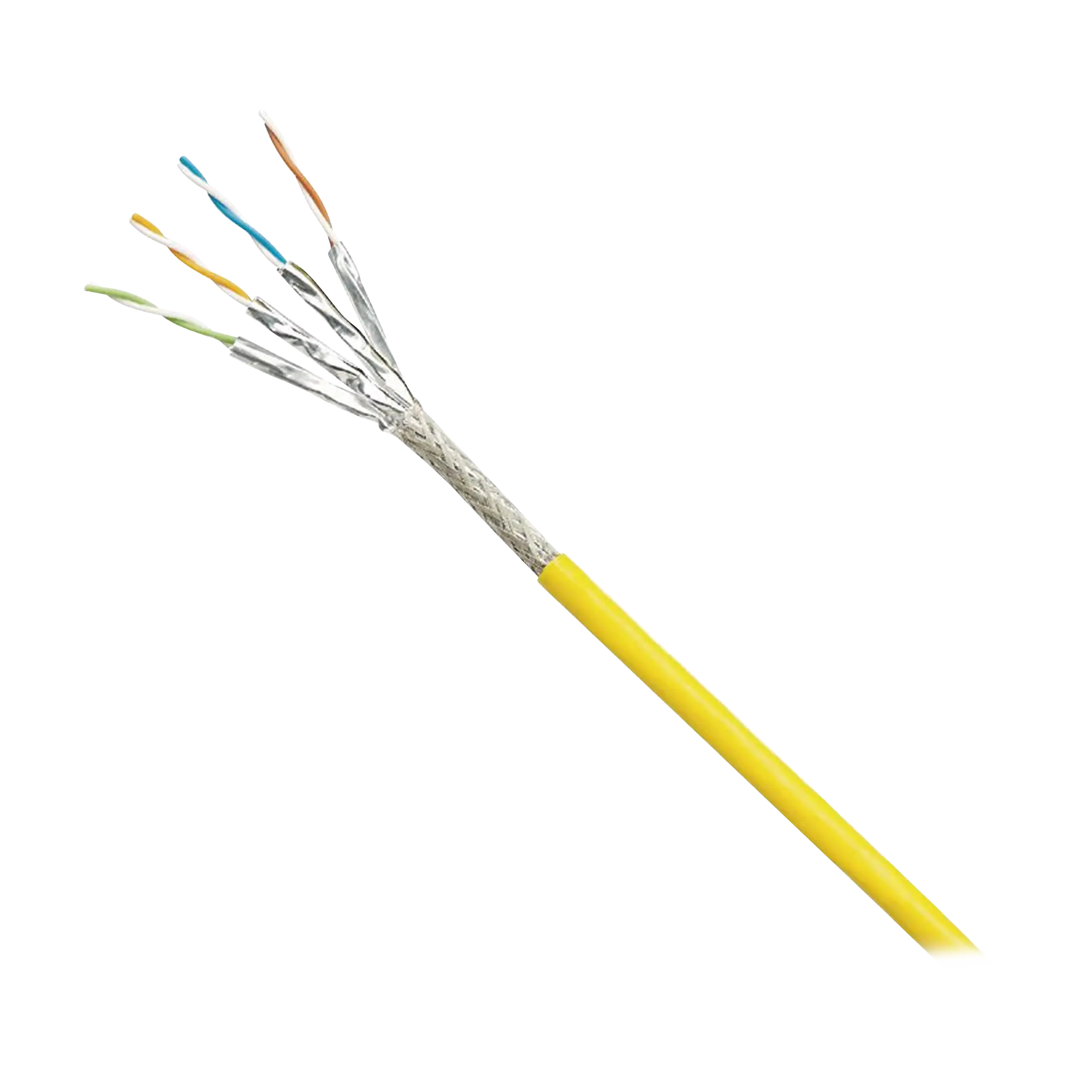 Bobina de Cable Blindado S/FTP Categoría 6A, Uso Industrial con Resistencia al Aceite, Rayos UV y Abrasión, Multifilar (Flexible), Color Amarillo, Bobina de 500m