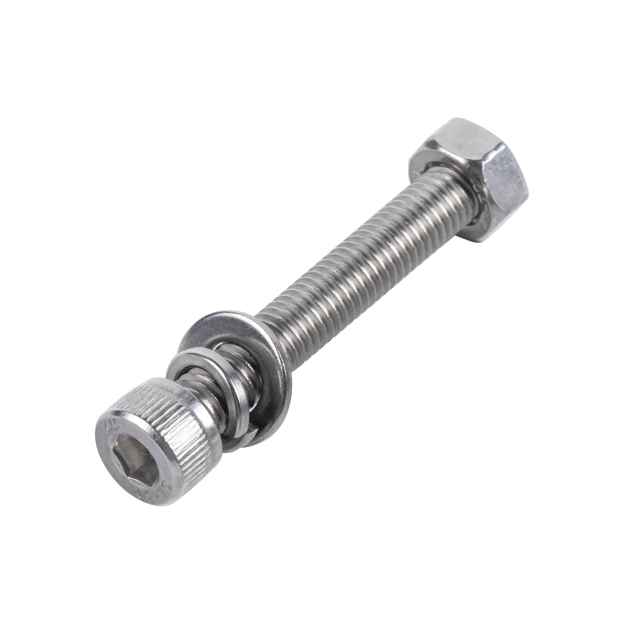 Tornillo Allen Milimétrico de Acero Inoxidable  M8-1.25 x 25 / Incluye Tuerca, Arandela Plana y Arandela Presión / Bolsa con 6 piezas / Para Montajes de Módulos Solares.