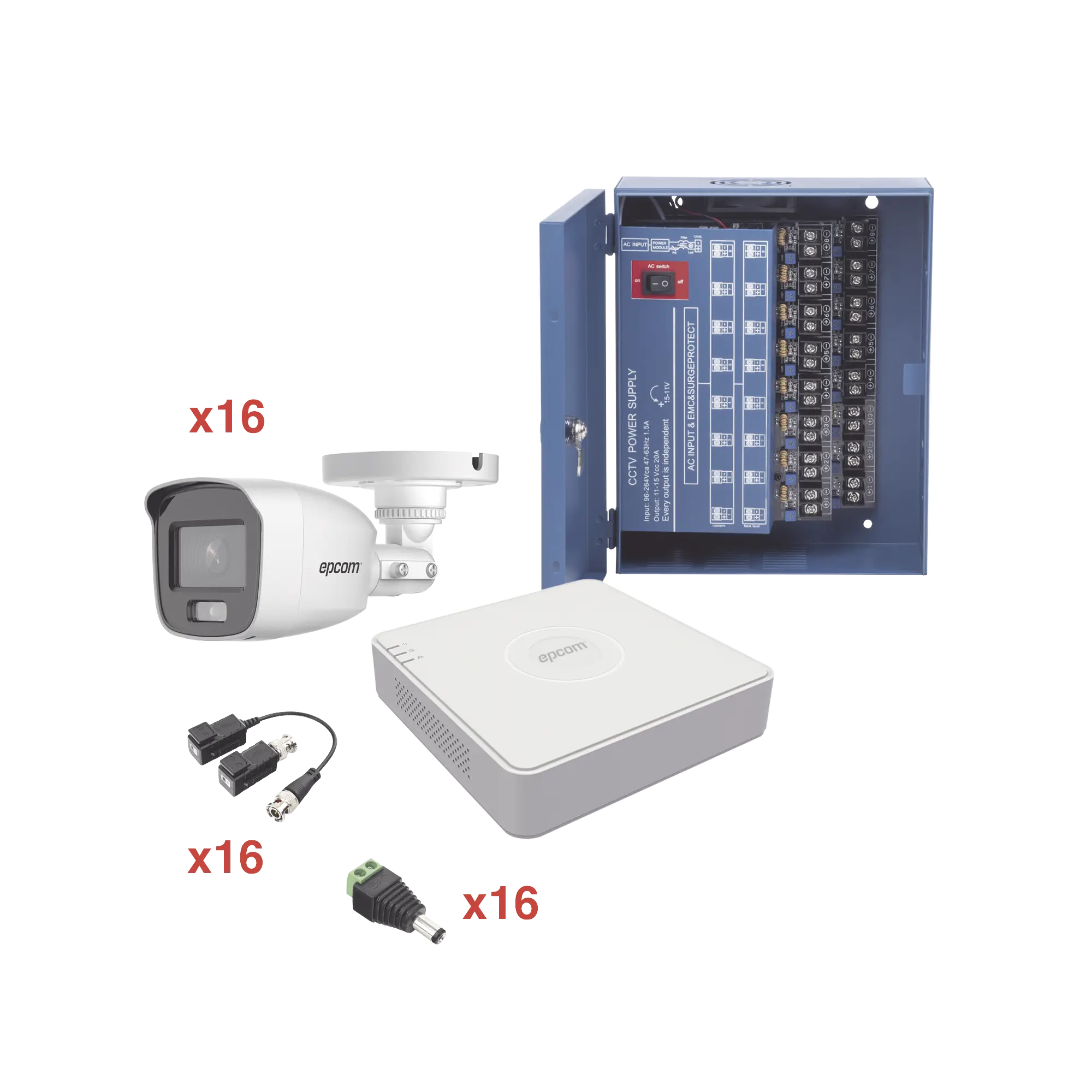 Kit TurboHD 1080p Lite / DVR 16 Canales / 16 Cámaras Bala Exterior ( 2.8mm) con ColorVu + Micrófono Integado / Transceptores / Conectores / Fuente de Poder Profesional