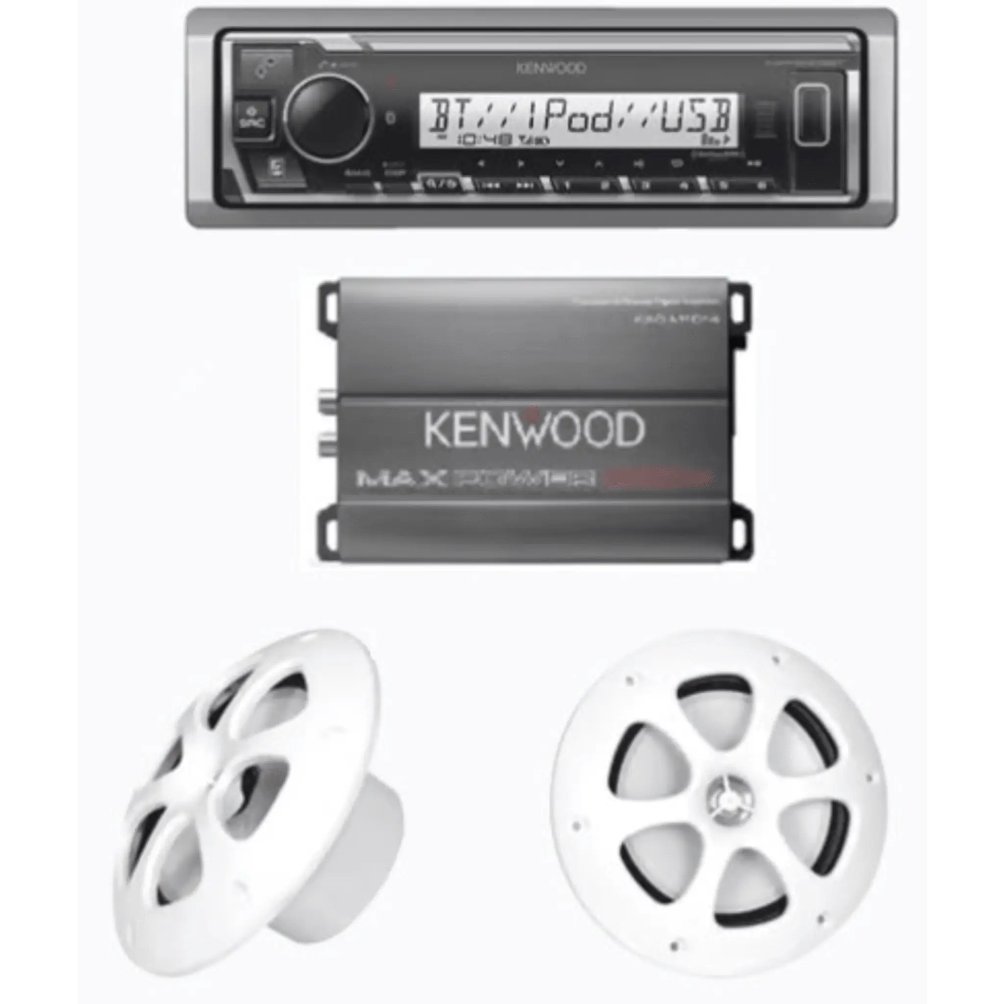 Kit de estereo con Bluetooth KMR-M332BT | Amplificador KAC-M1814 | mas Par de bocinas KFC-1613MRW