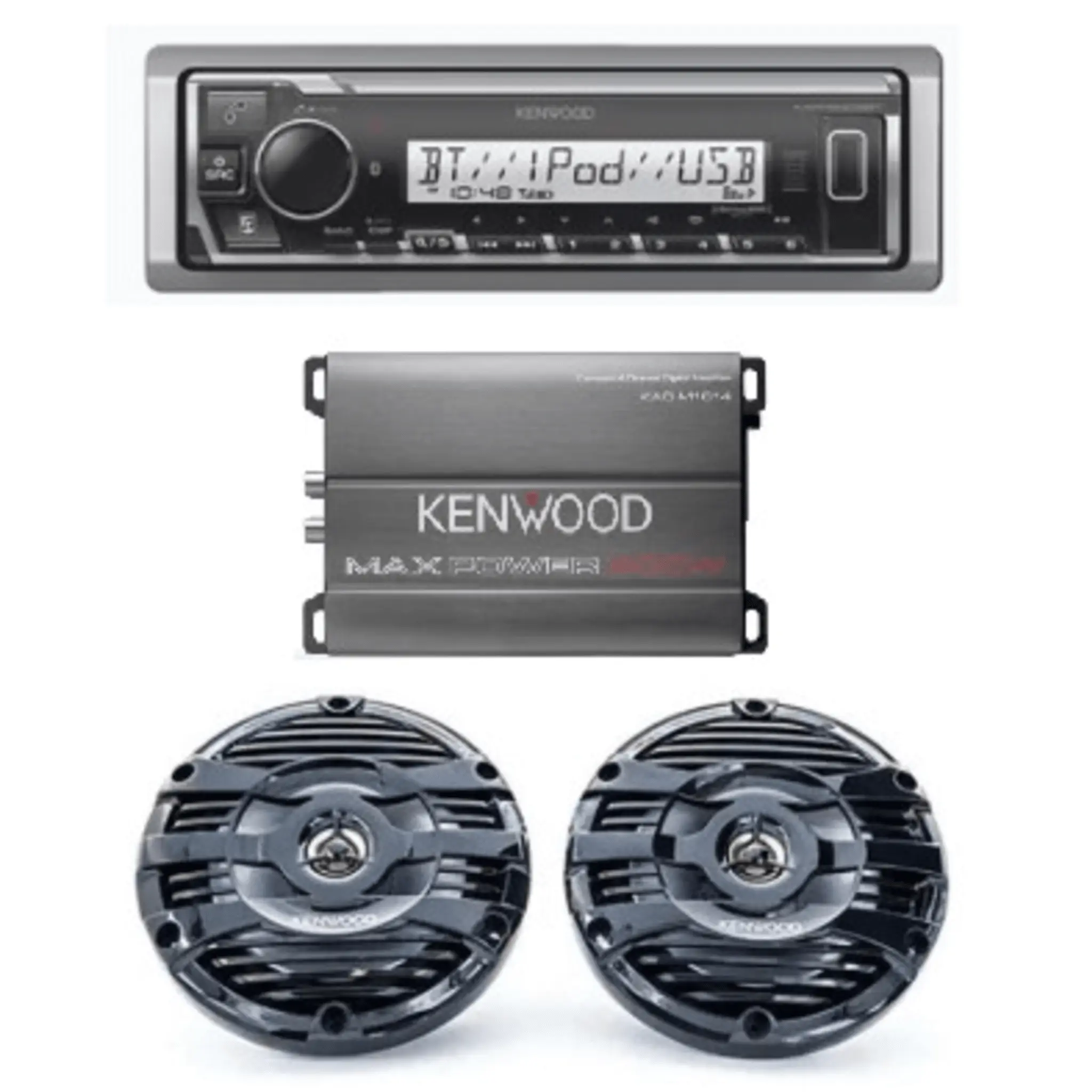 Kit de estéreo con Bluetooth KMR-M332BT | Amplificador KAC-M1814 | más Par de bocinas KFC-1653MRB