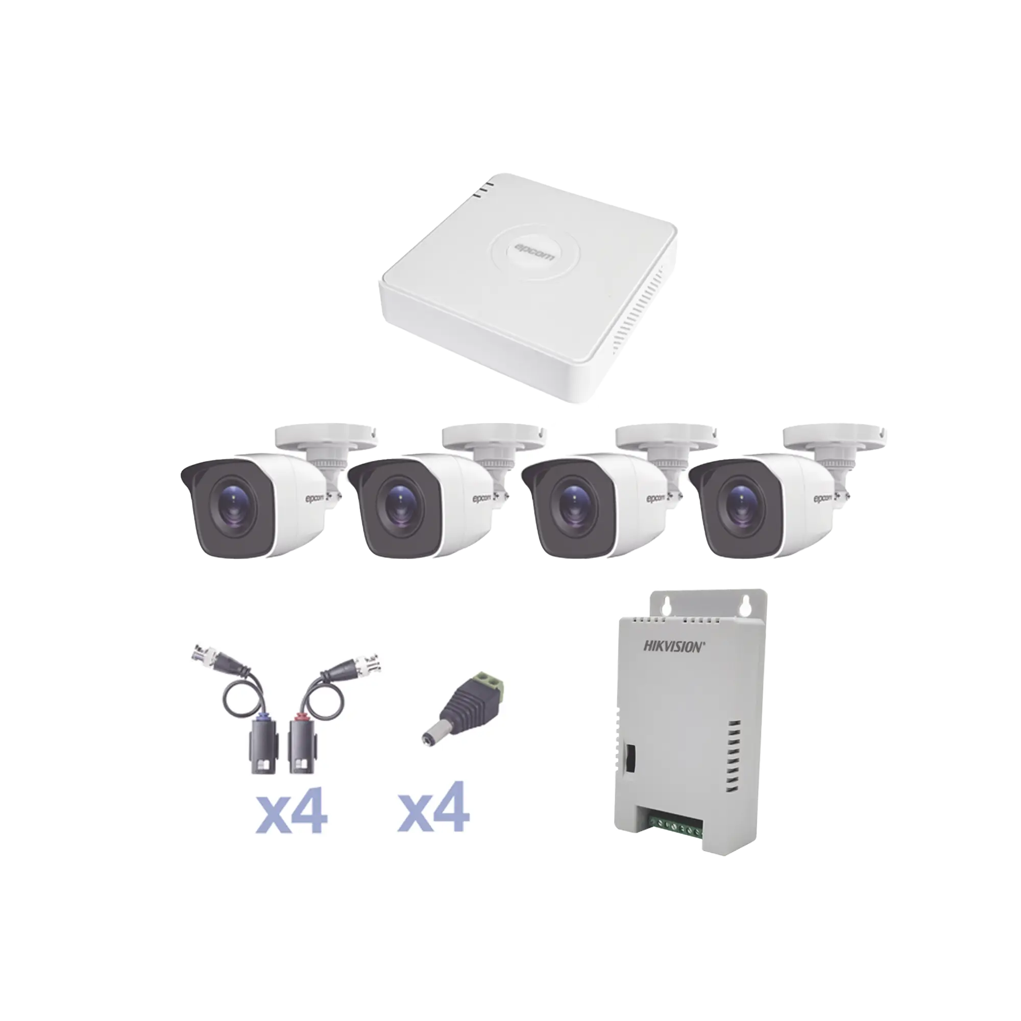 KIT TurboHD 1080 Lite / DVR 4 Canales / 4 Cámaras Bala (exterior 2.8 mm) / Transceptores / Conectores / Fuente de Poder Profesional