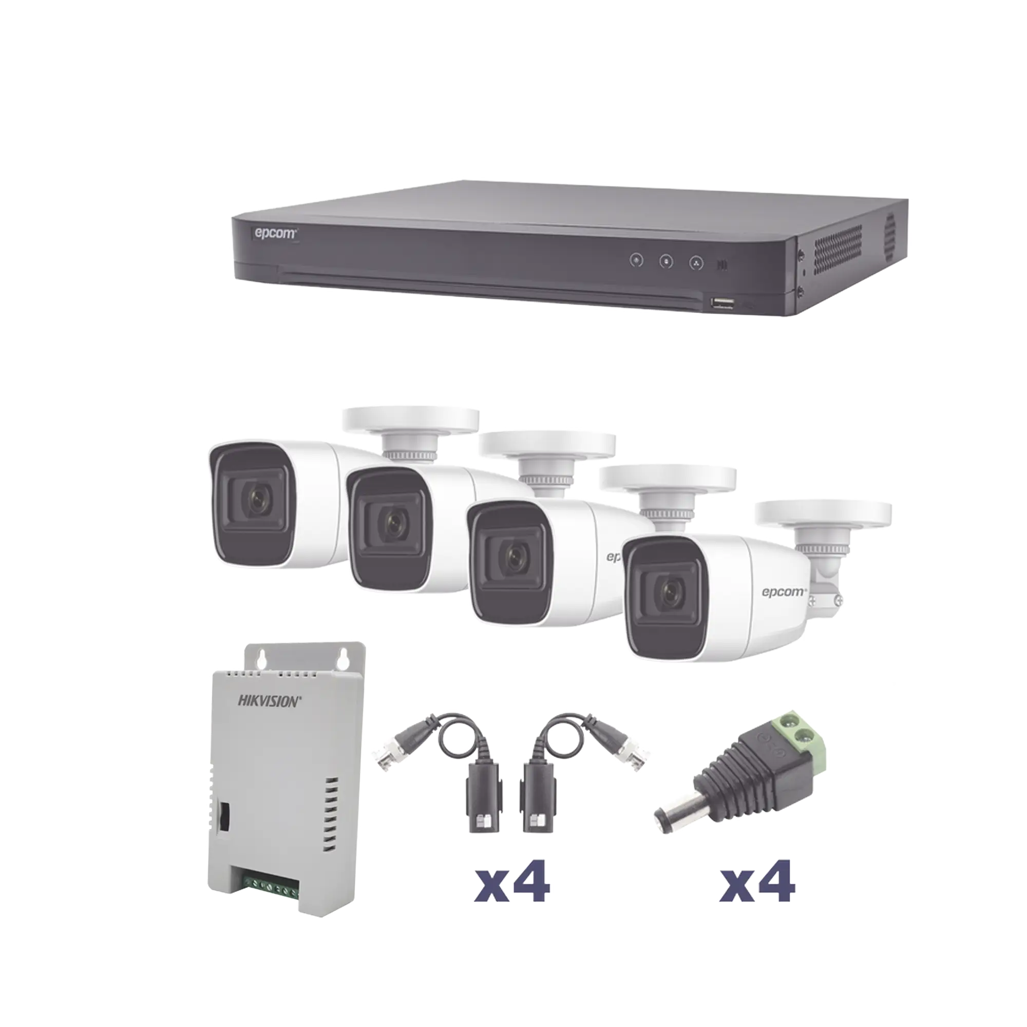 KIT TurboHD 1080p / DVR 4 Canales / 4 Cámaras Bala Policarbonato con Audio Integrado (exterior 2.8 mm) / Transceptores / Conectores / Fuente de Poder Profesional