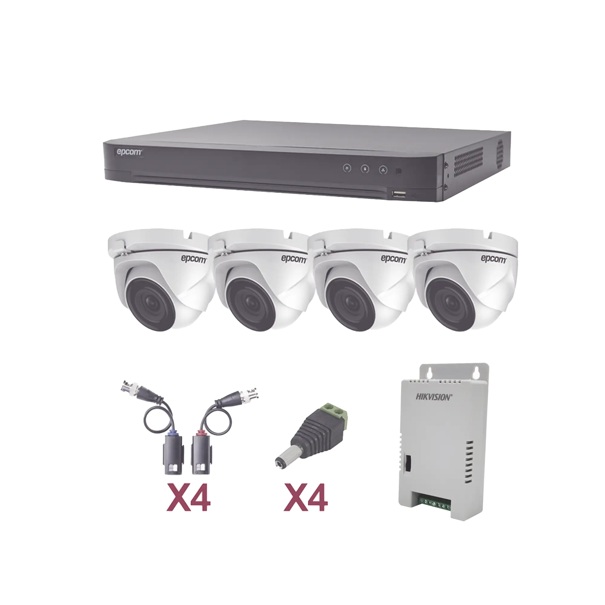 KIT TurboHD 1080p / DVR 4 Canales / 4 Cámaras Eyeball (exterior 2.8 mm) / Transceptores / Conectores / Fuente de Poder Profesional