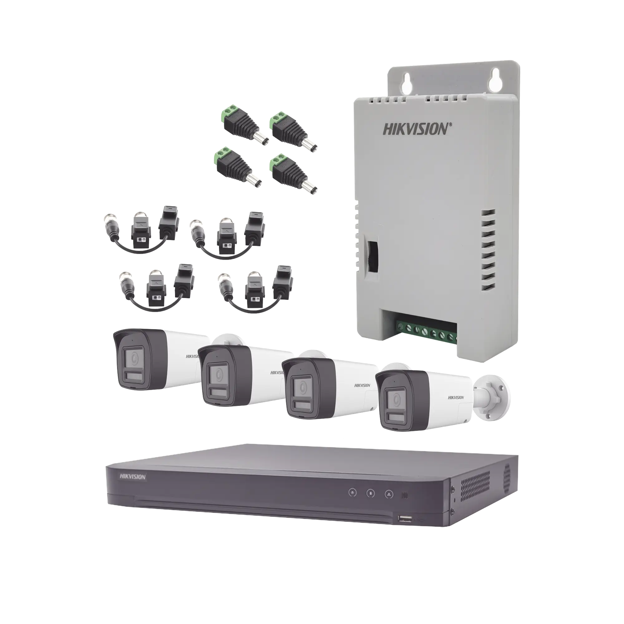 Kit Audio Bidireccional TurboHD 4K-3K / DVR 4 Canales 4K / 4 Cámaras Bala (Exterior) con Bocina y Microfóno Integrado 3K / 1 Fuentes de Poder / Accesorios