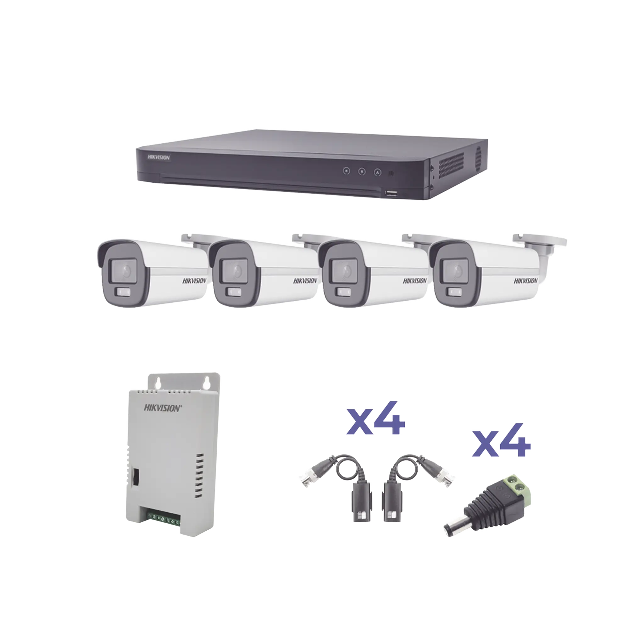 KIT COLORVU TURBOHD 1080p / DVR 4 Canales / 4 Cámaras Bala (exterior) lente 2.8mm / Fuente de poder profesional / Transceptores de video y Accesorios de corriente