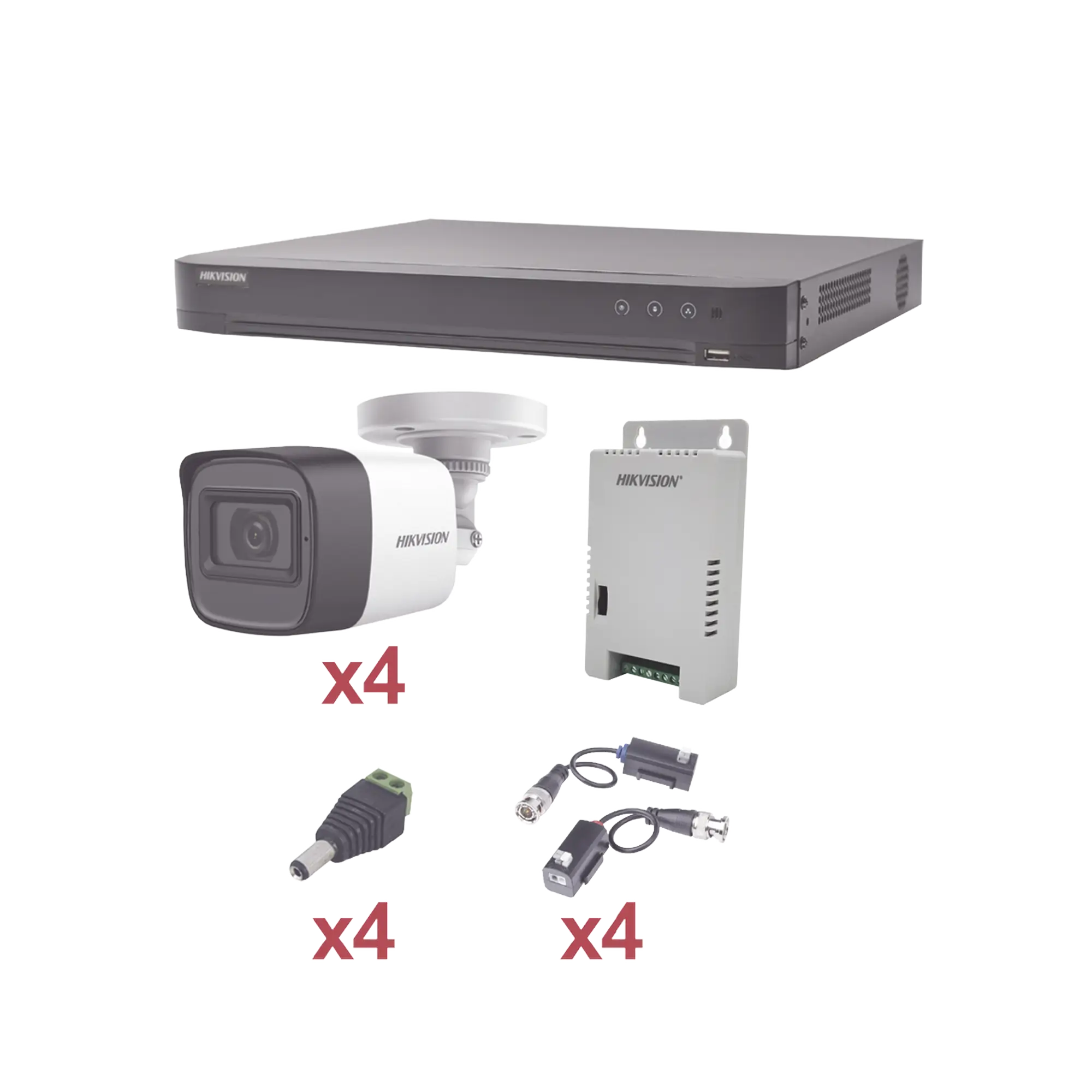 KIT TurboHD 1080p / DVR 4 Canales / 4 Cámaras Bala (exterior 2.8 mm) / Transceptores / Conectores / Fuente de Poder Profesional