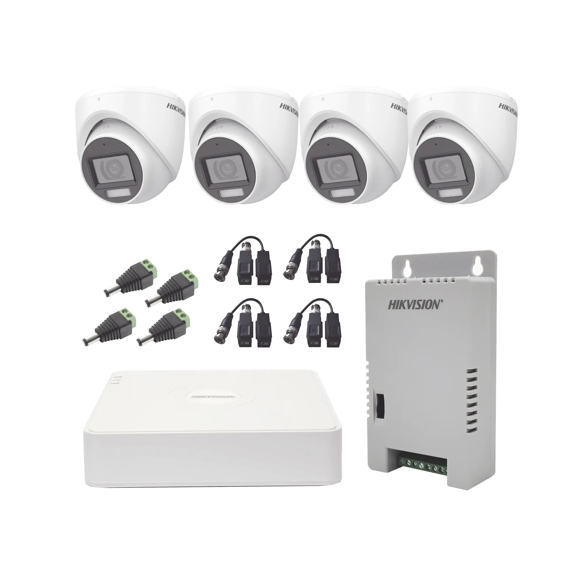 KIT TurboHD 1080p / DVR 4 Canales con audio por coaxitron / 4 Cámaras con Micrófono y  106° Visión/  luz blanca + IR visión nocturna  / Transceptores / Conectores / Fuente de Poder Profesional