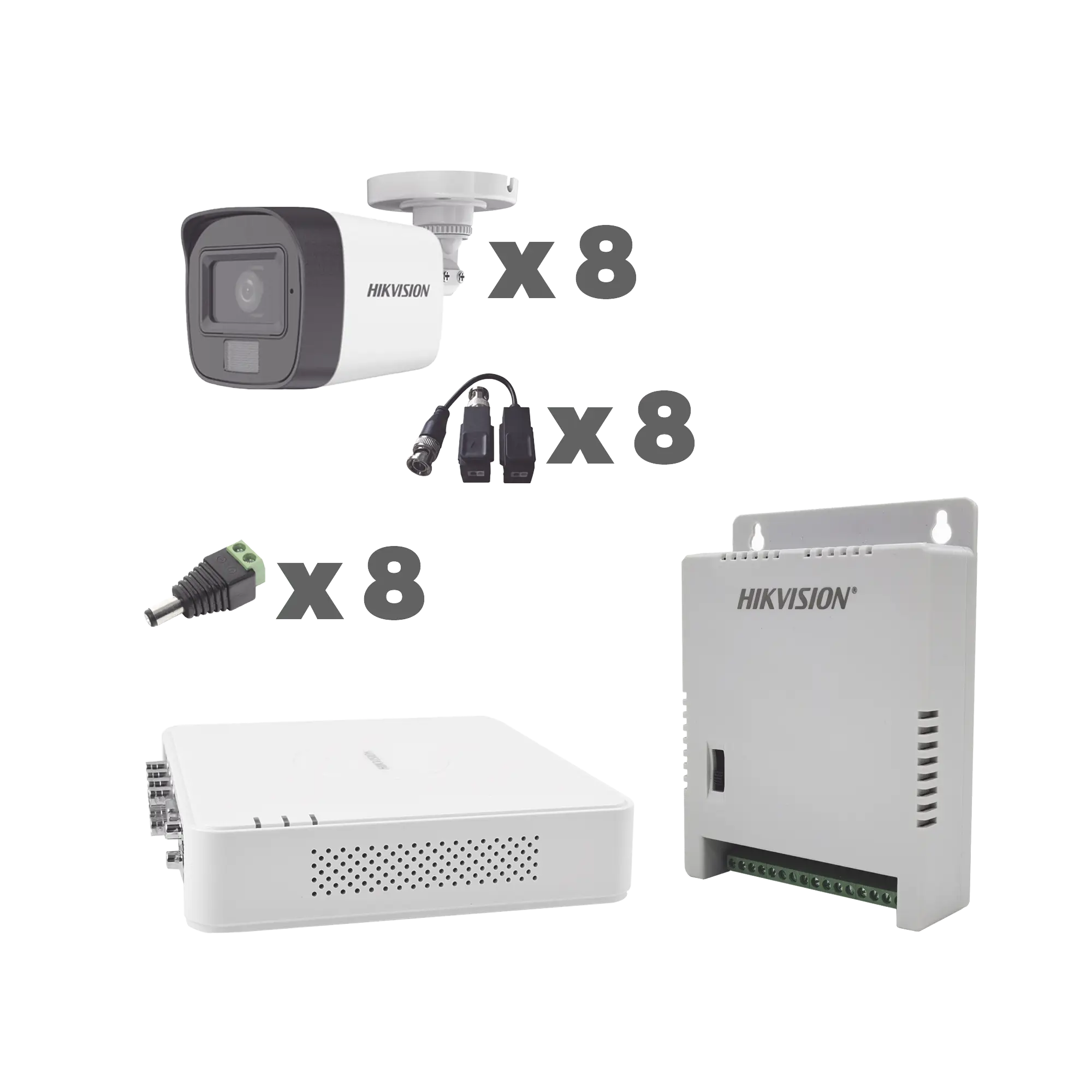 KIT TurboHD 1080p / DVR 8 Canales con audio por coaxitron / 8 Cámaras con Micrófono Integrado 101° Visión/  luz blanca + IR visión nocturna  / Transceptores / Conectores / Fuente de Poder Profesional