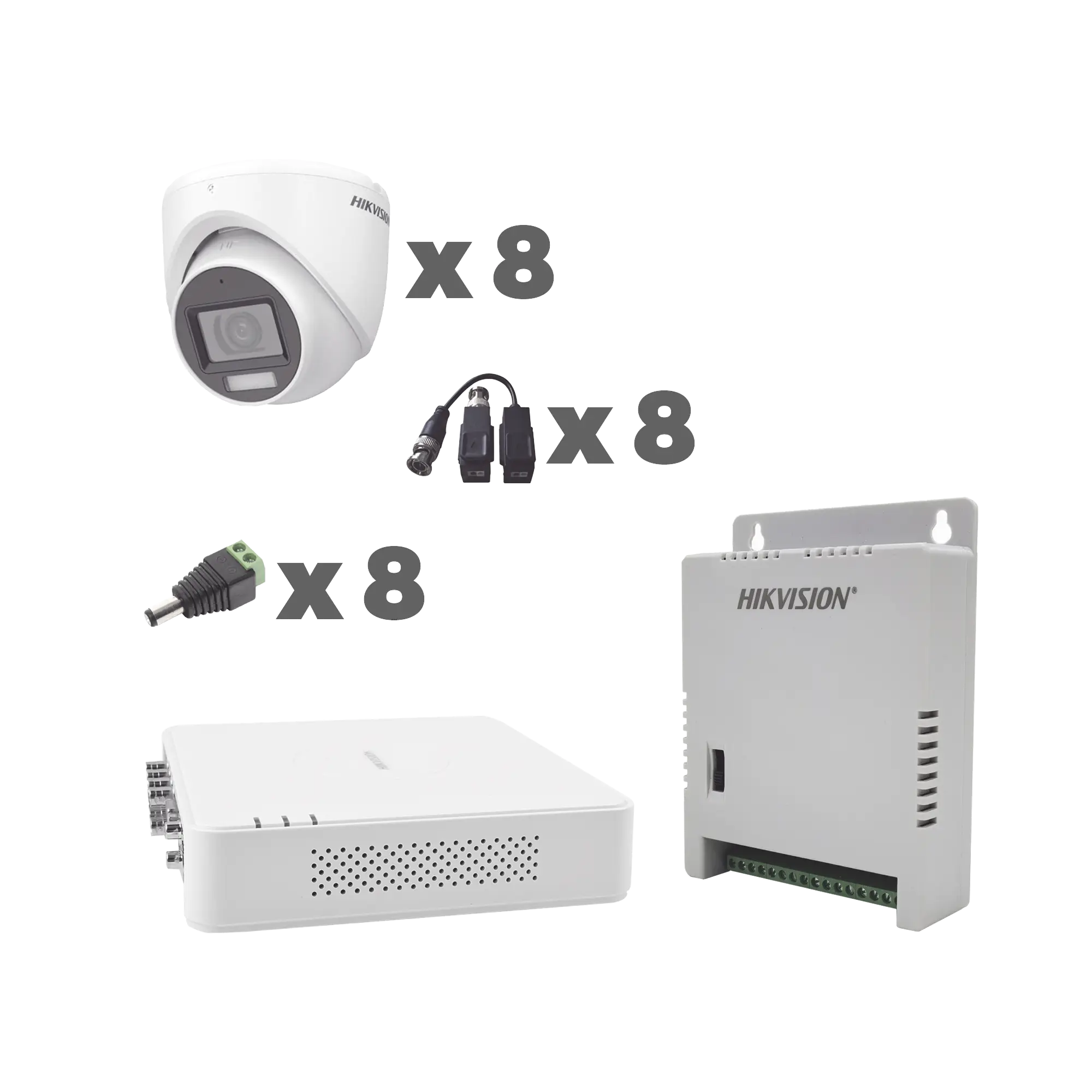 KIT TurboHD 1080p / DVR 8 Canales con audio por coaxitron / 8 Cámaras con Micrófono Integrado 101° Visión/  luz blanca + IR visión nocturna  / Transceptores / Conectores / Fuente de Poder Profesional