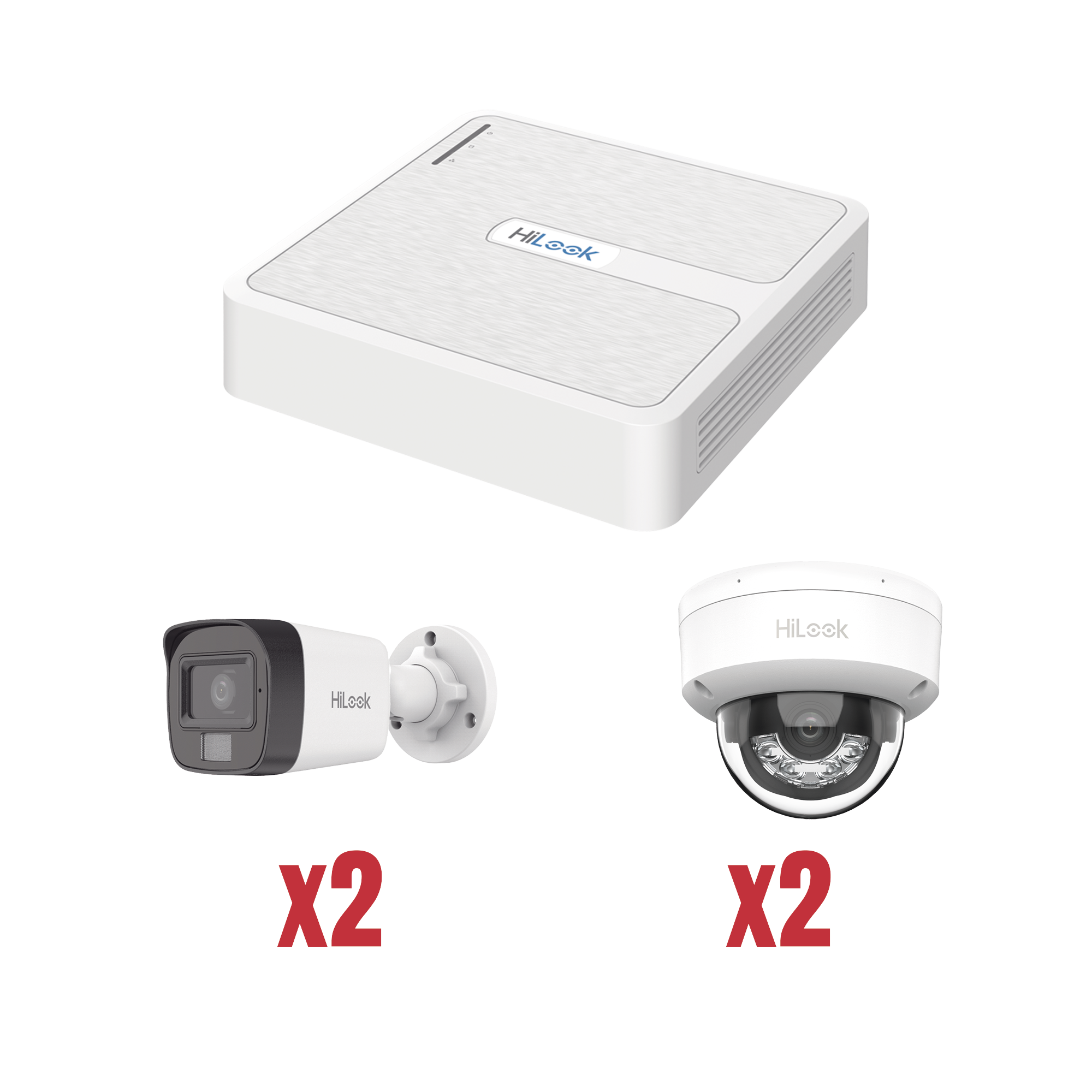 Kit IP 1080p (2 Megapixel) / NVR de 4 Canales con 4 Puertos PoE / 2 Cámaras IP Bala para Exterior con microfono y Dual light / 2 Cámaras IP Domo para Exterior