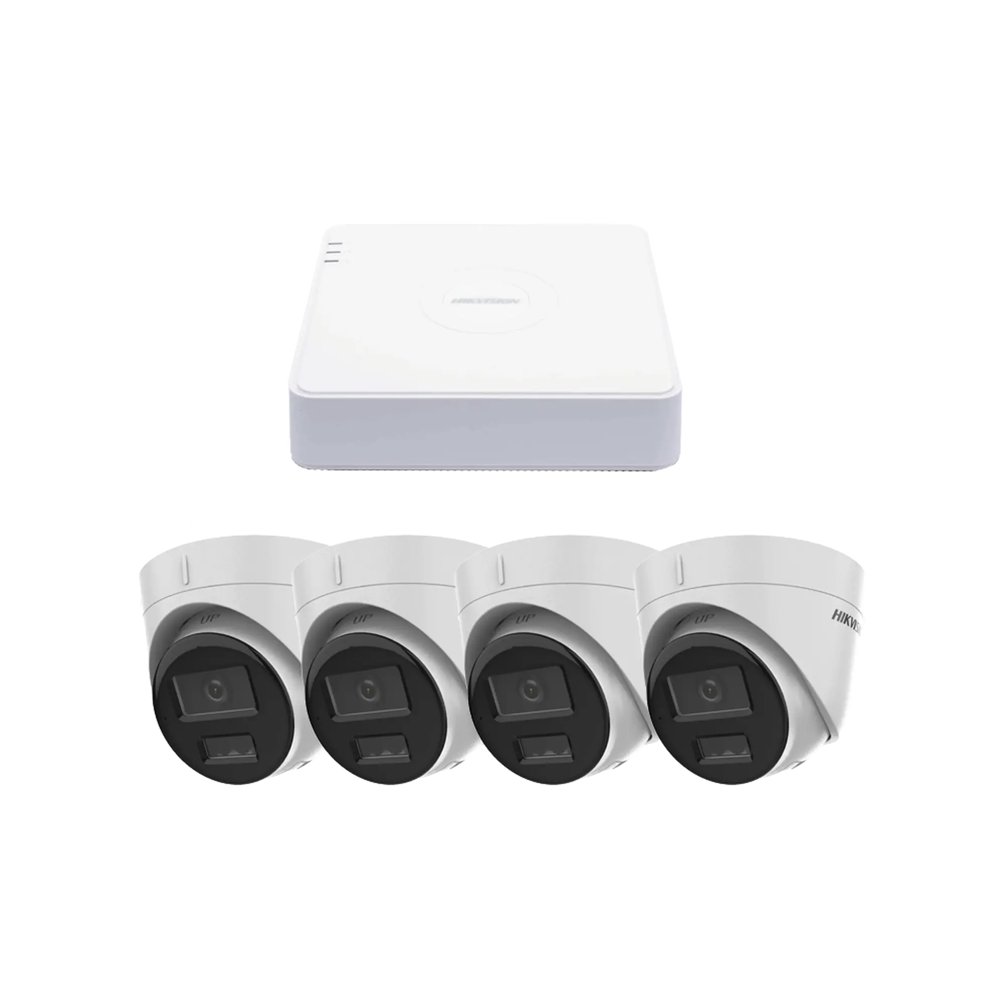 Kit IP 1080p (2 Megapixel) / NVR de 4 Canales con 4 Puertos PoE / 4 Cámaras IP Turret con Micrófono Integrado / ColorVu y ACUSENSE Lite