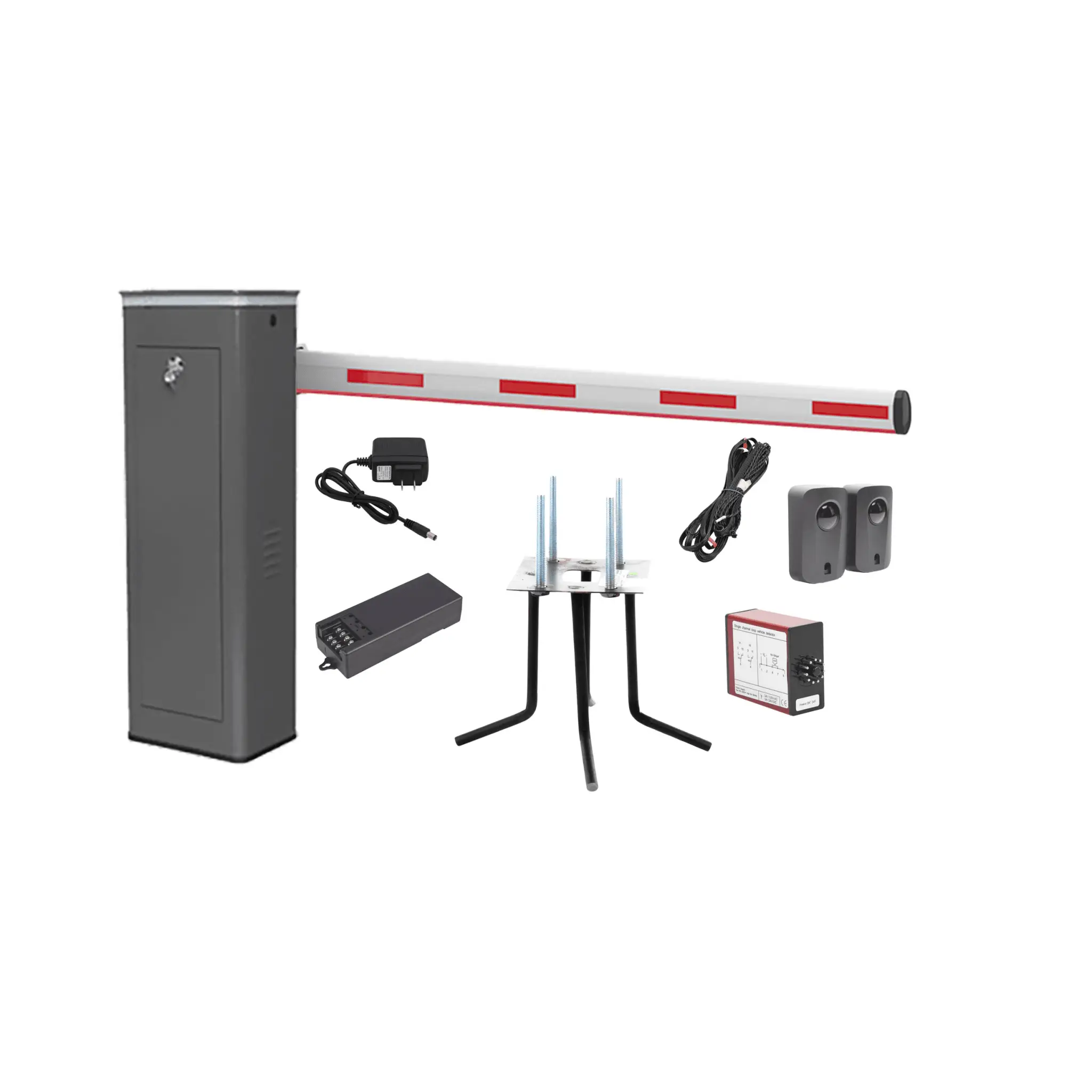 Kit COMPLETO Barrera Derecha XBF Con Corona LED / Brazo Iluminado de 3M / Incluye Sensor de Masa, Transformador, Lazo Magnético, Ancla, Fotoceldas y 2 Controles Inalámbricos