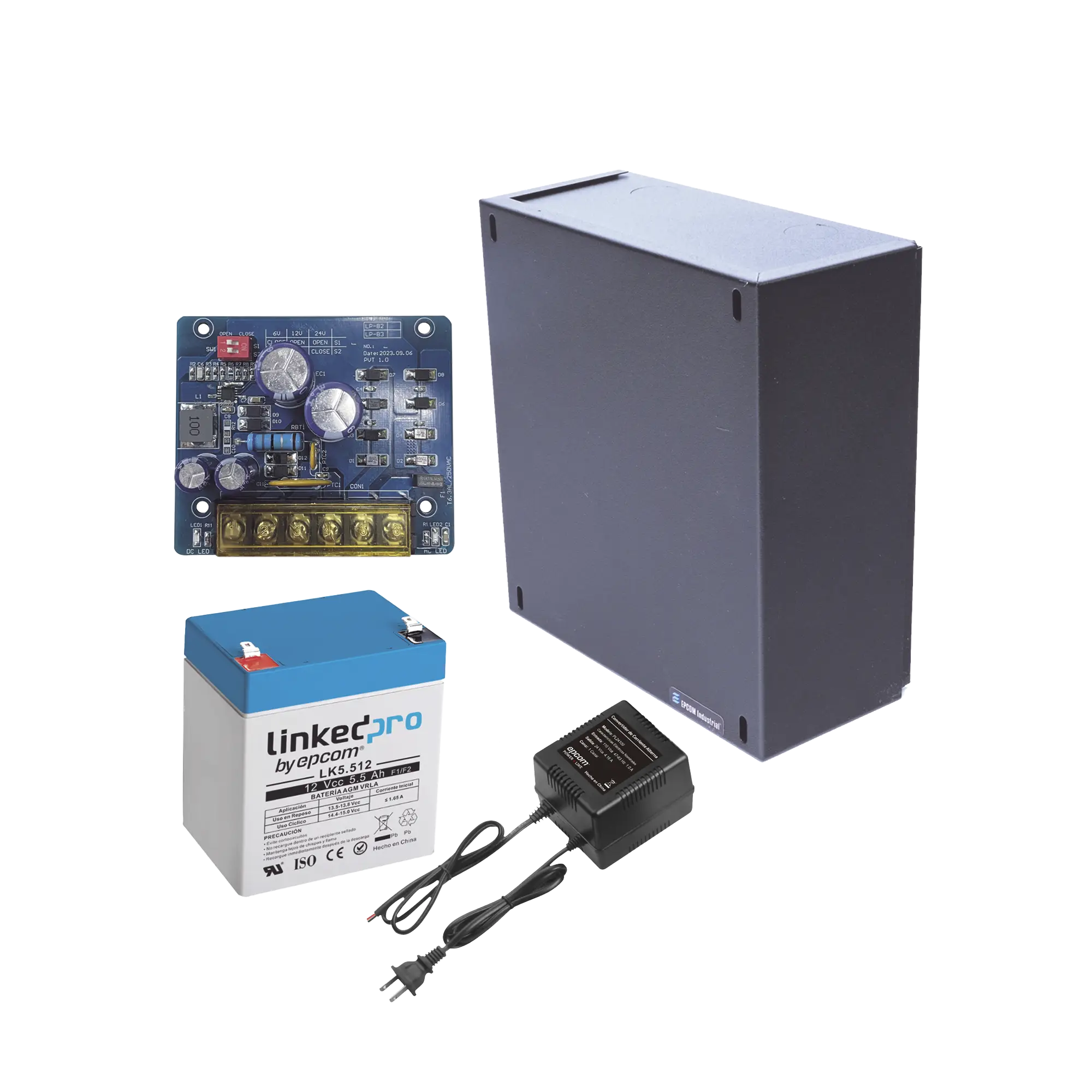 Kit con fuente PLB2 con salida de 12 Vcc a 1.5 Amper, incluye transformador y batería de 12 V a 5.5 Amper
